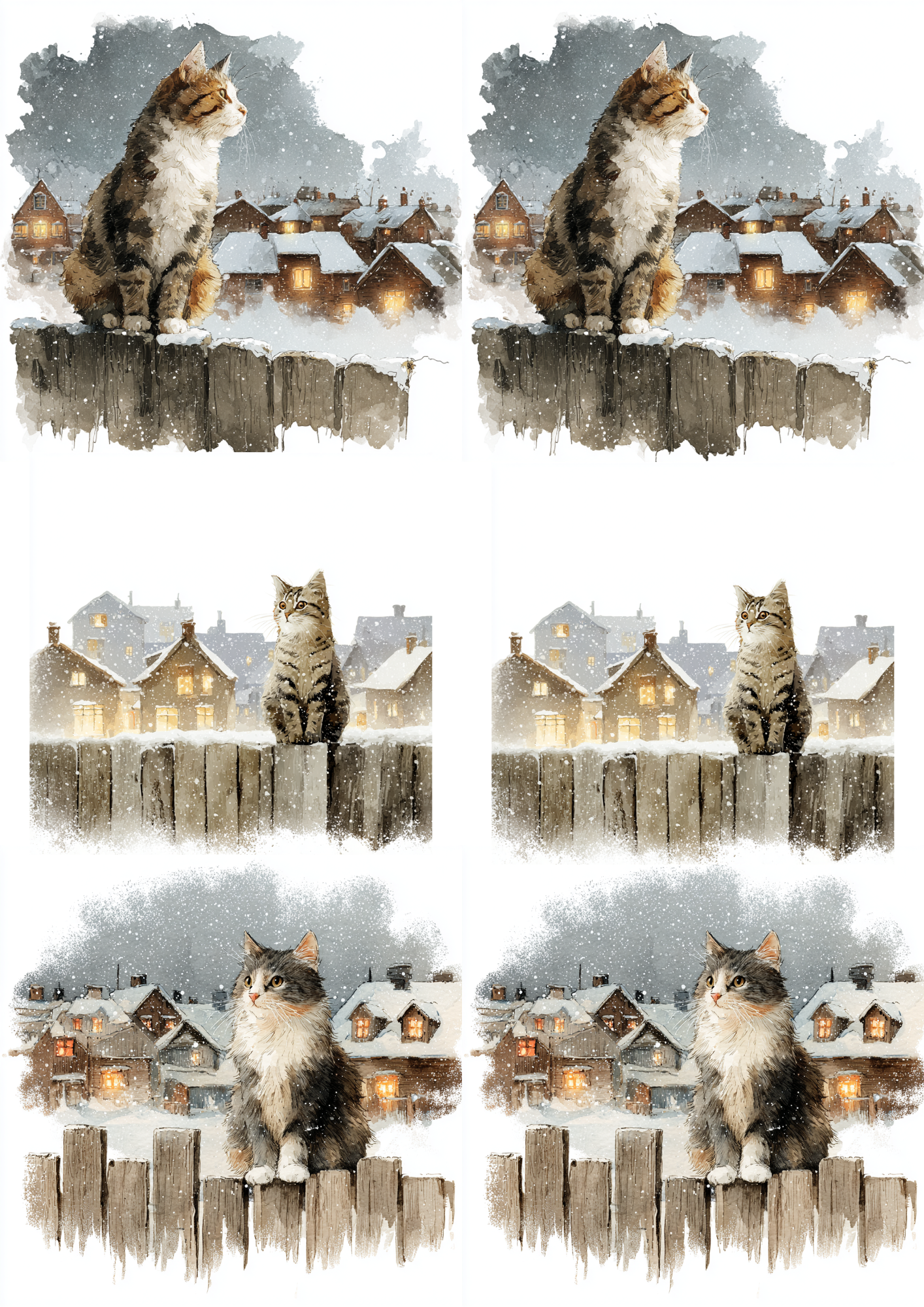 Sticker Sheet / Greeting Card – Cat On A Fence In Winter Collage Cat. No. 5231