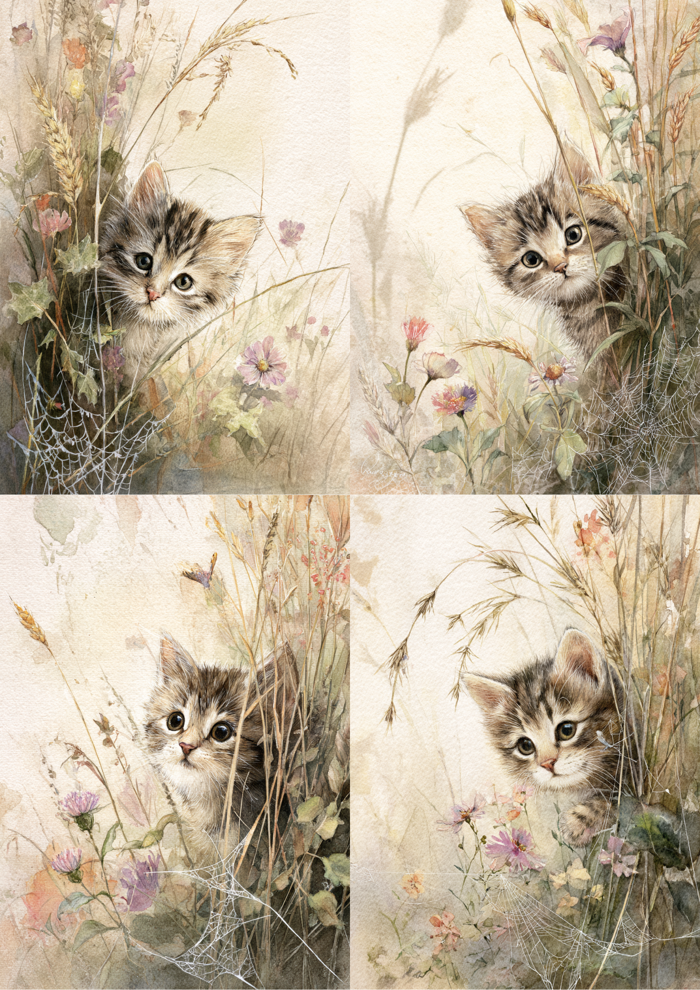 Sticker Sheet / Greeting Card – Little Kitten On A Wild Meadow Collage Cat. No. 5256