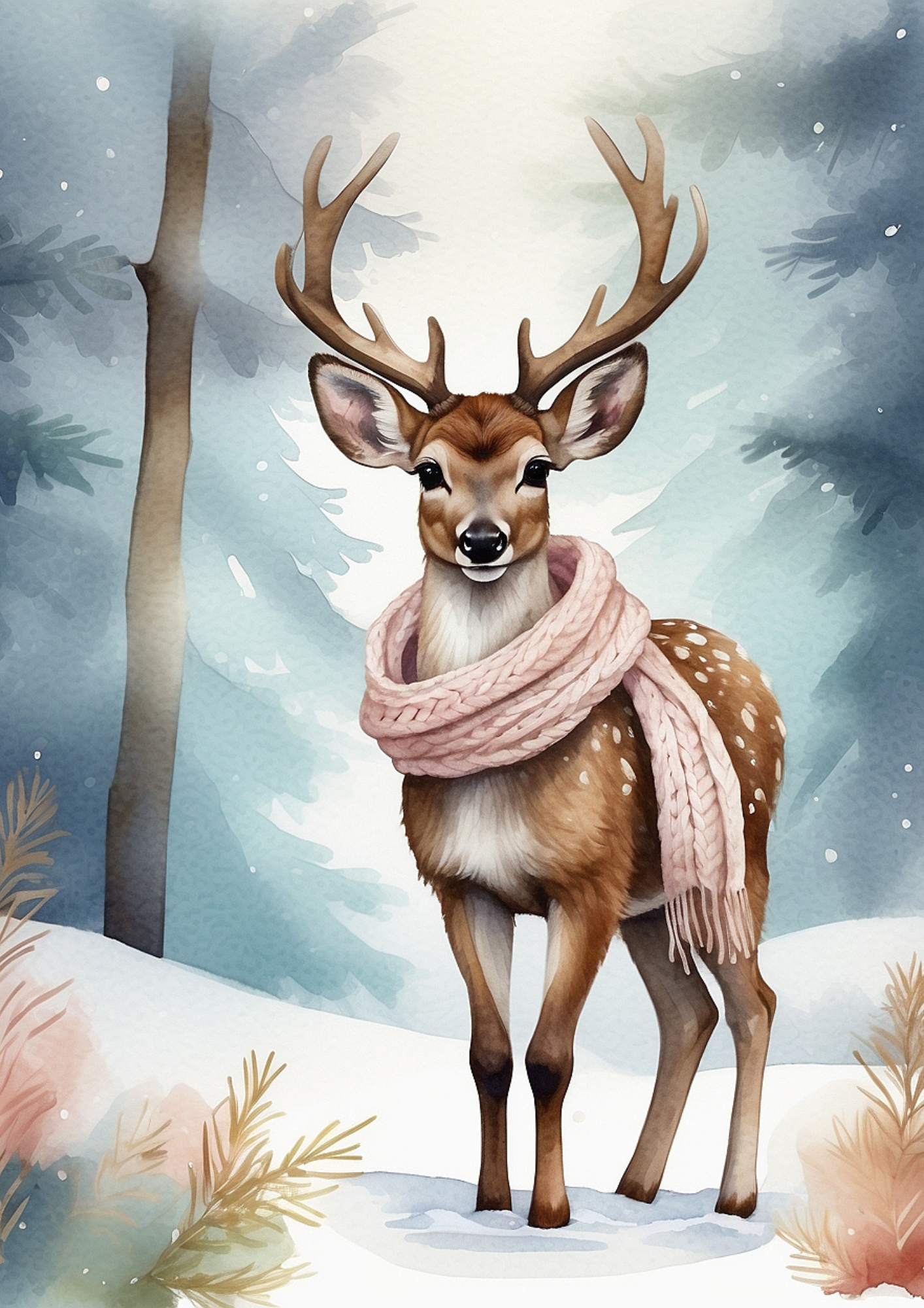 Sticker Sheet / Greeting Card – Decoupage Deer in a Scarf Background for Journaling Full Cat. No. 5289