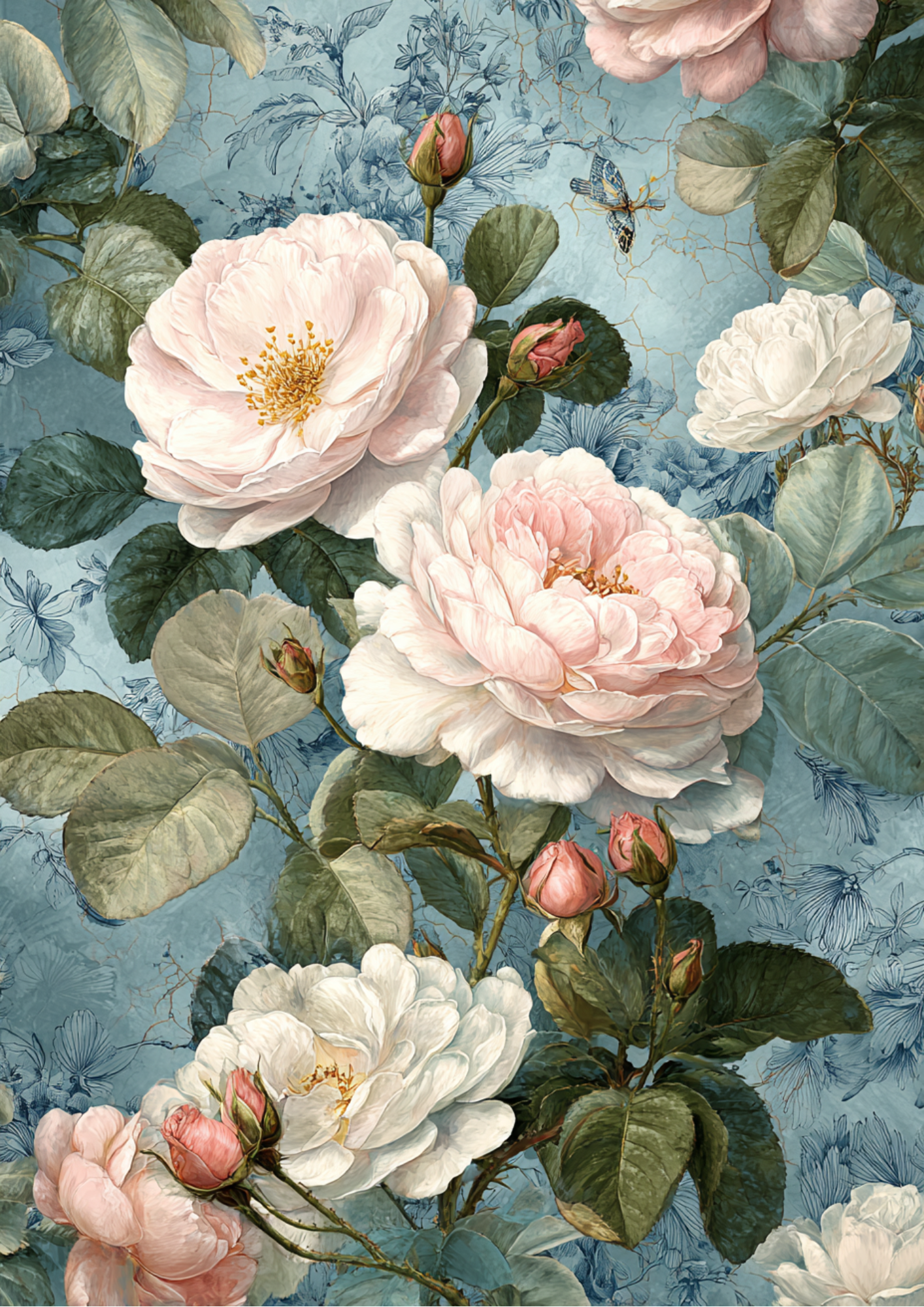 Sticker Sheet / Greeting Card – Vintage Roses Background on Blue Full Cat. No. 5377