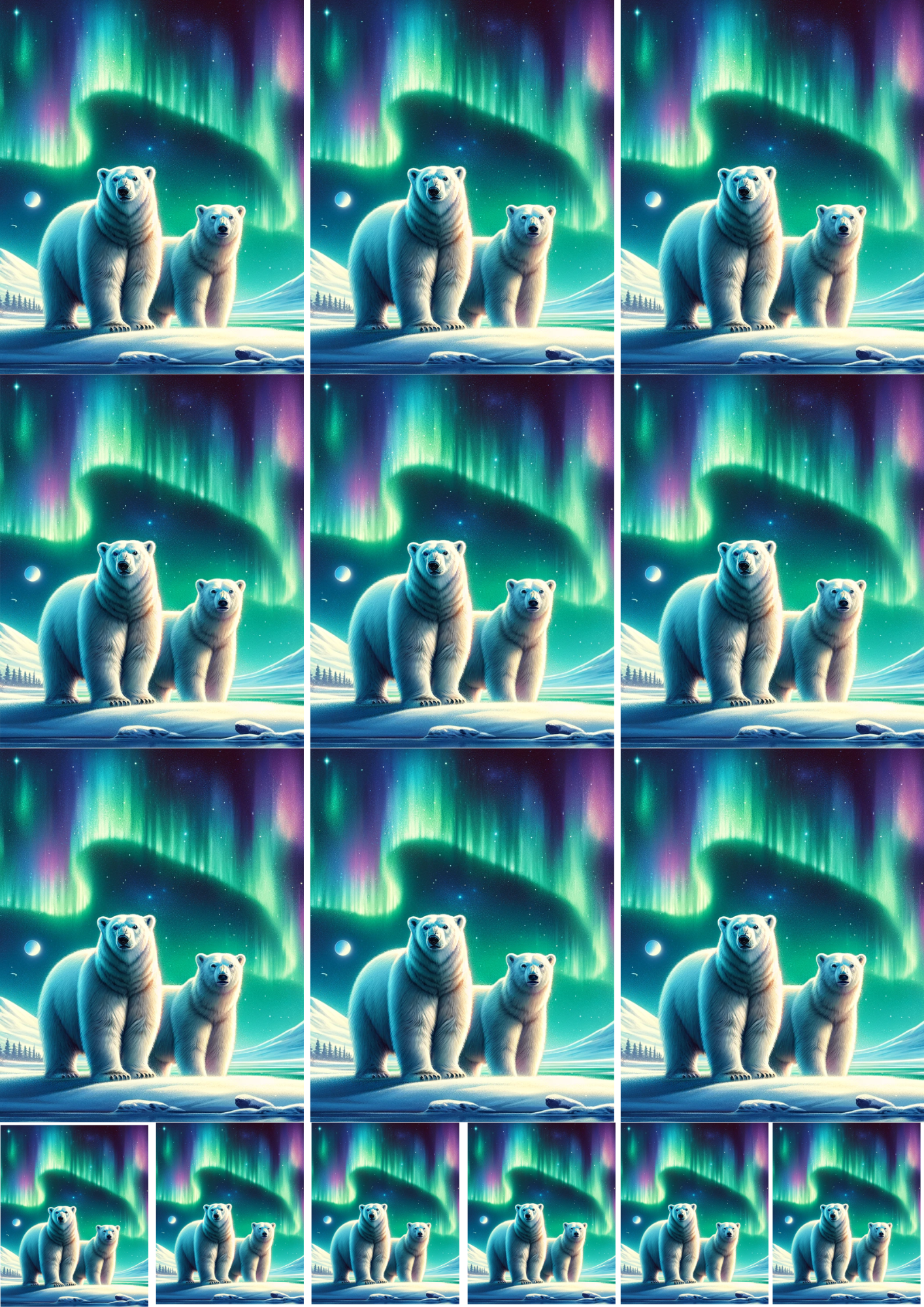 Sticker Sheet / Greeting Card – Polar Bears with Aurora Borealis Collage Cat. No. 5378