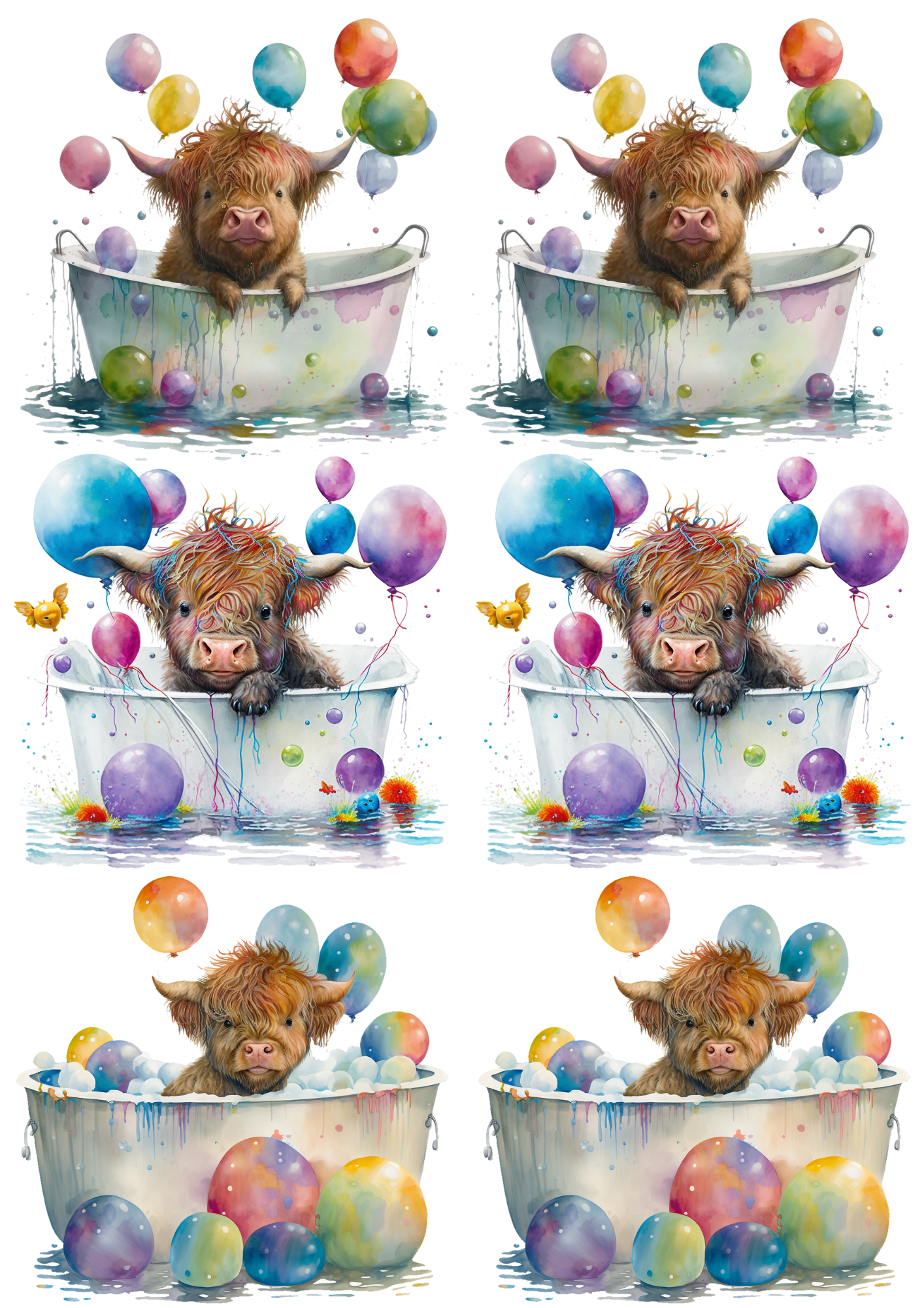 Sticker Sheet / Greeting Card – Highland Cow and Balloons Collage Cat. No. 5521