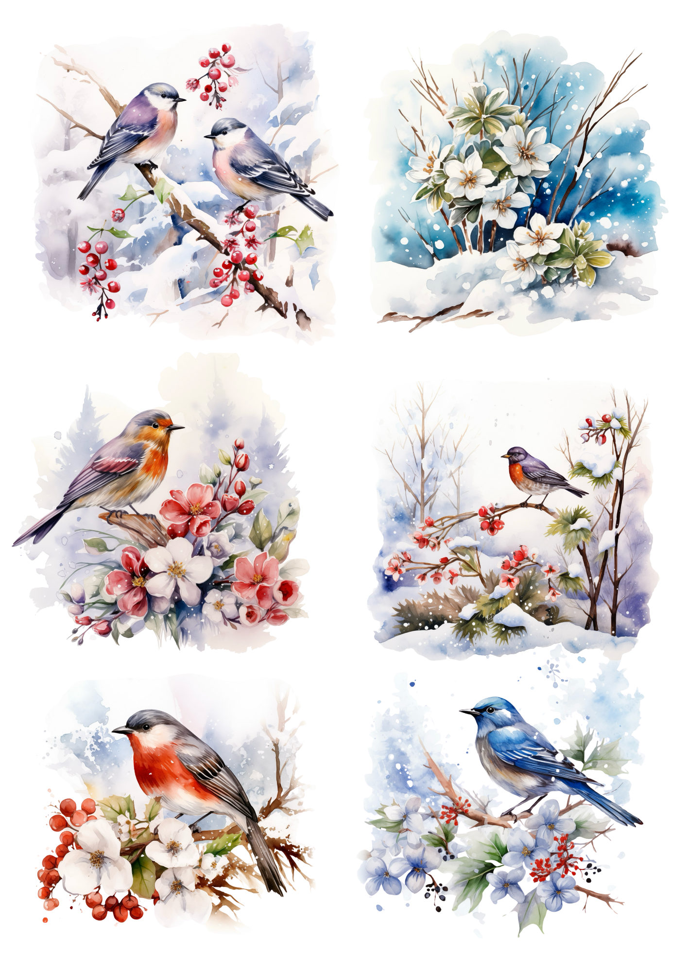 Sticker Sheet / Greeting Card – Birds on Flowers in Winter Collage Cat. No. 5608