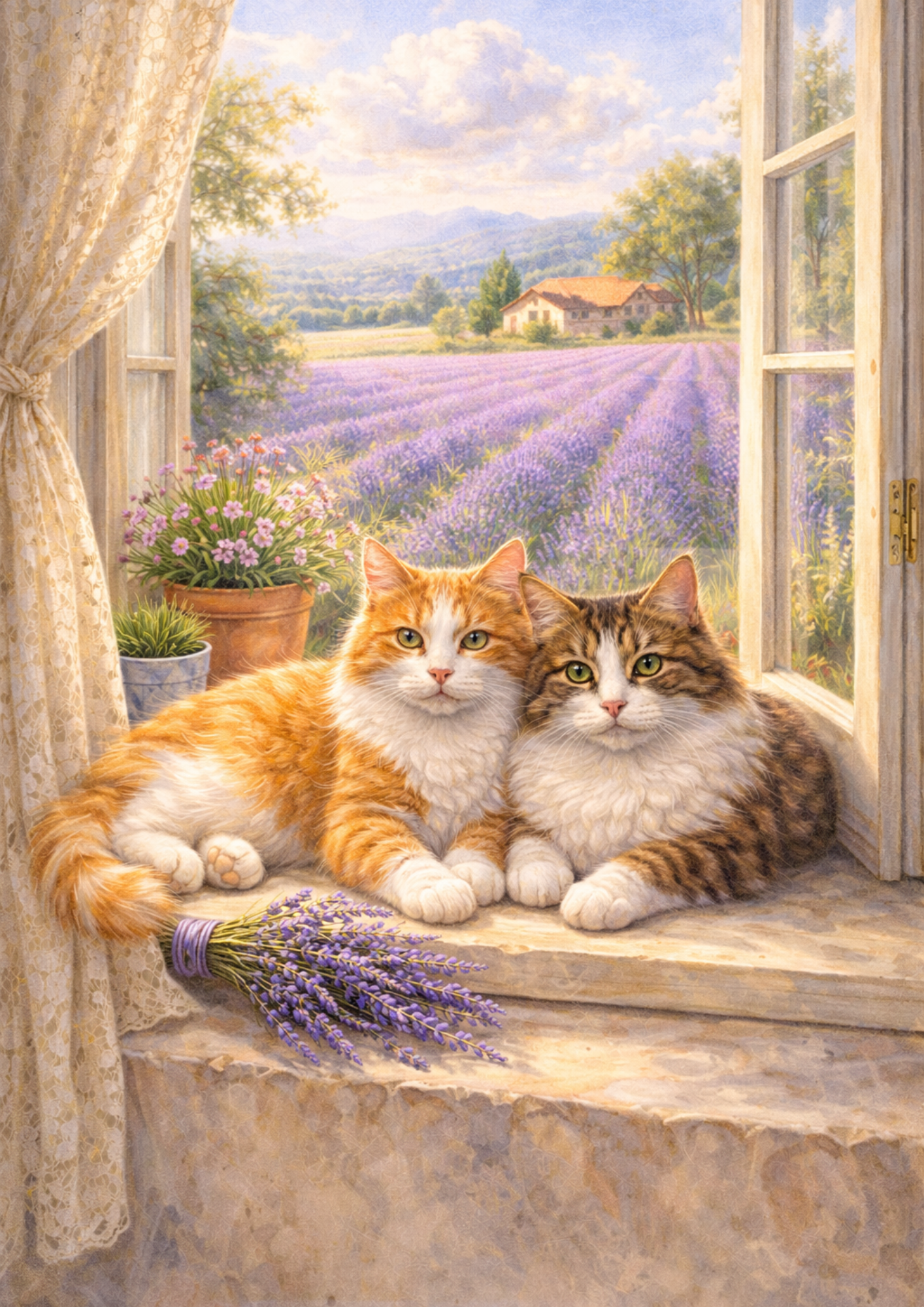 Sticker Sheet / Greeting Card – Two Cats And Lavender Field Full Cat. No. 5721