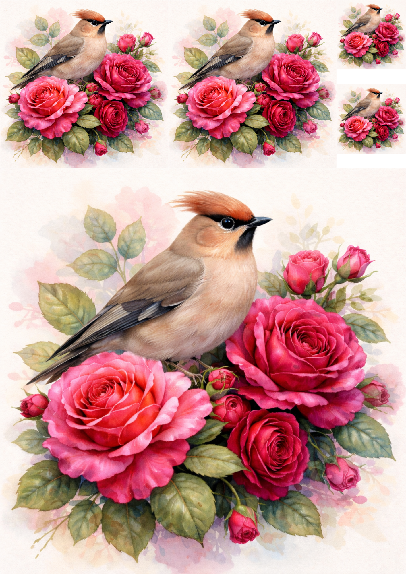 Sticker Sheet / Greeting Card – Waxwing On Roses Collage Cat. No. 5740