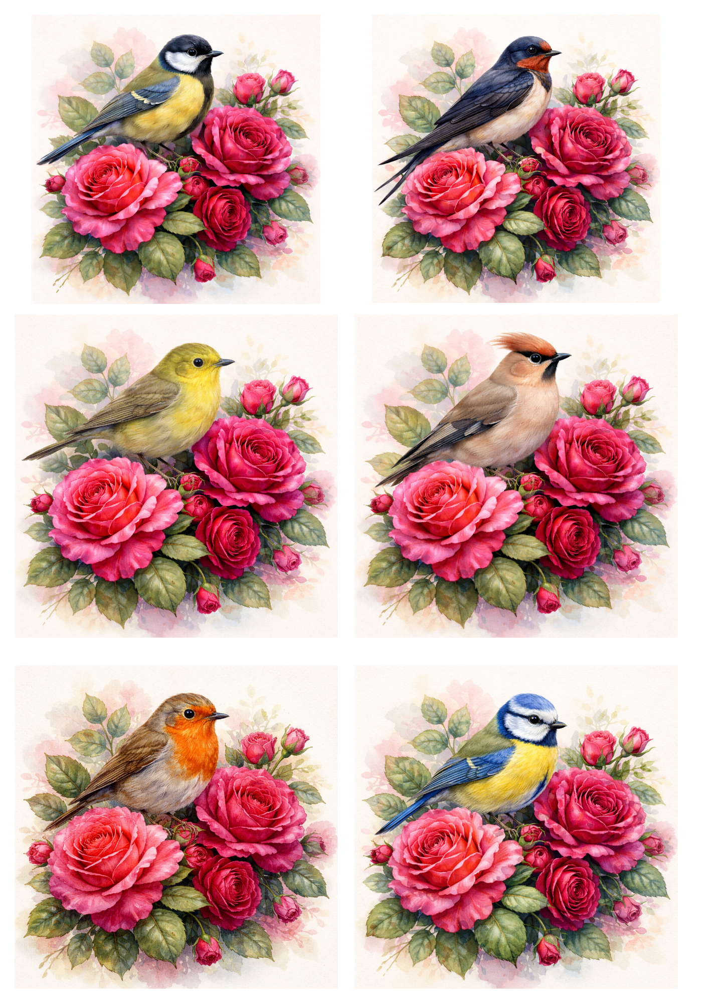 Sticker Sheet / Greeting Card – Various Birds On Roses Collage Cat. No. 5743