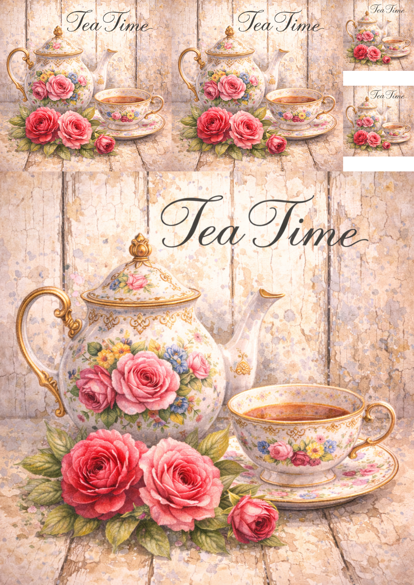 Sticker Sheet / Greeting Card – Tea Set in Flowers Collage Cat. No. 5760