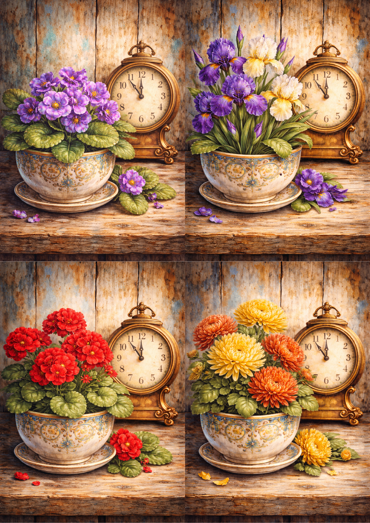 Sticker Sheet / Greeting Card – Clock And Flowers Collage Cat. No. 5779