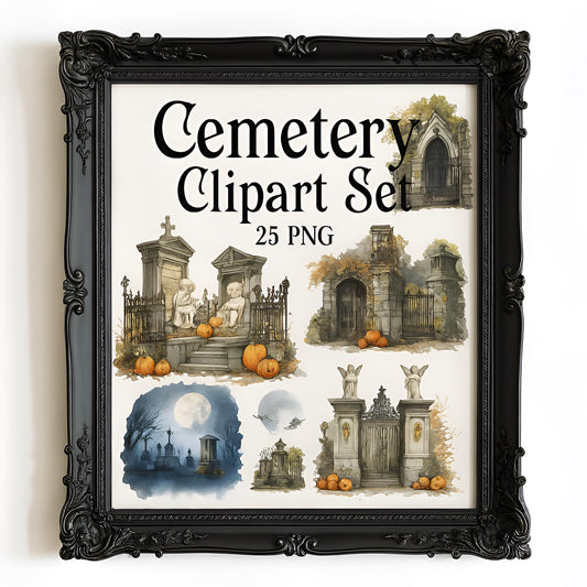 Watercolor Haunted Cemetery Clipart: Spooky Halloween Graveyard (25 PNG Digital Download