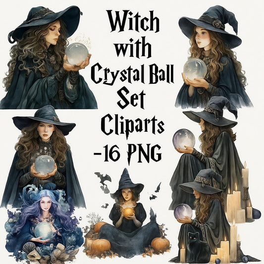 Watercolor Witch Clipart: Crystal Ball Illustrations (16 PNG Digital Download