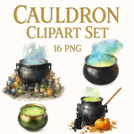 Watercolor Cauldron Clipart Set: Halloween Witch Potions (16 PNG)