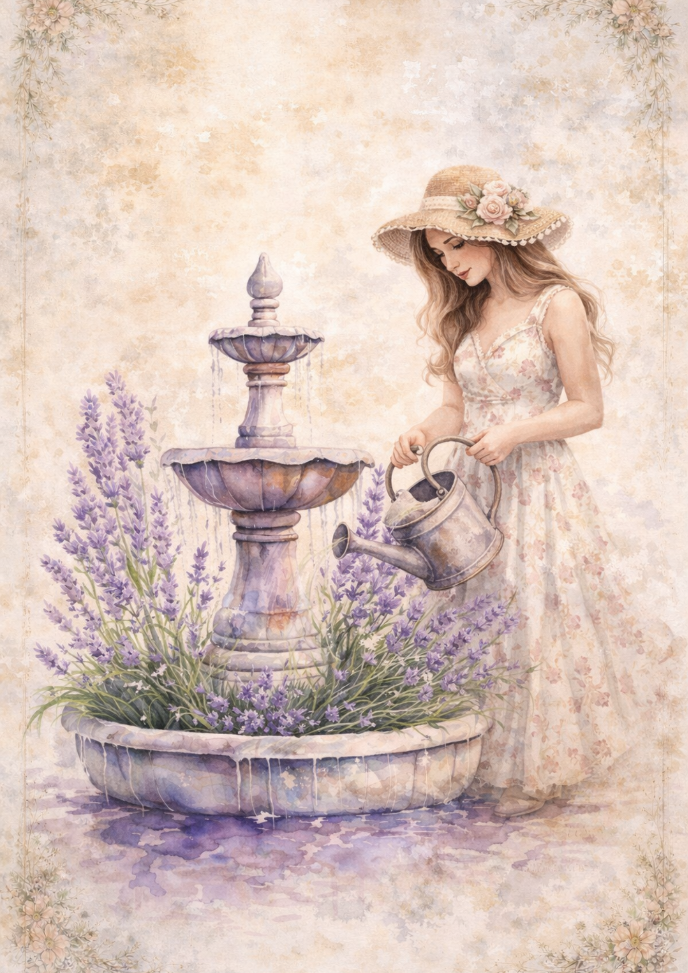 Sticker Sheet / Greeting Card – Decoupage Woman at the Lavender Fountain Full Cat. No. 8472