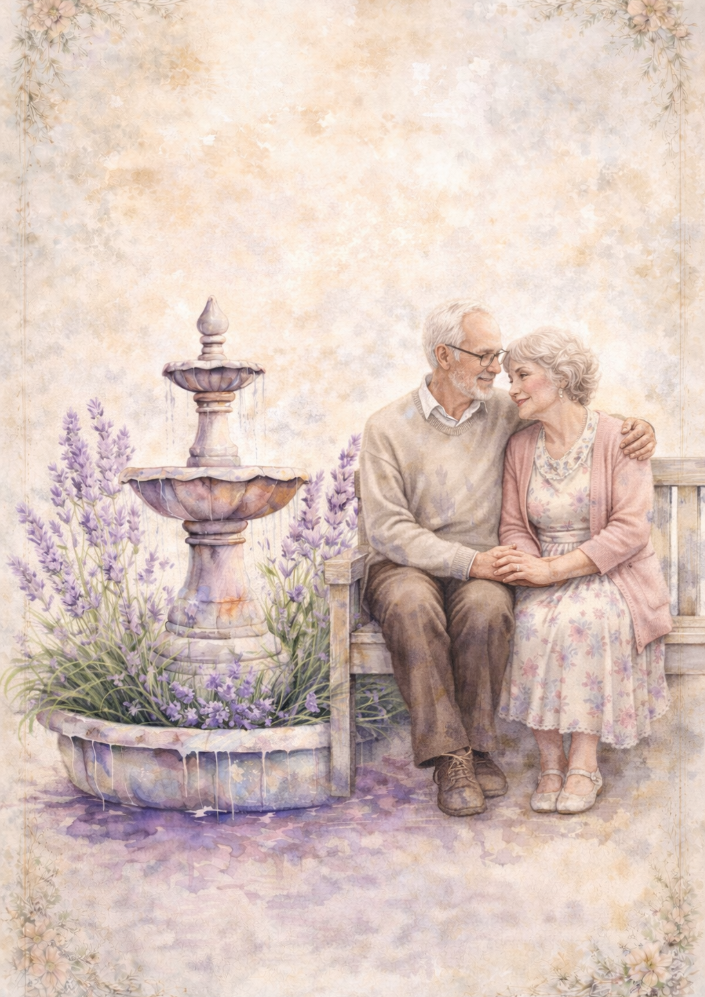 Sticker Sheet / Greeting Card – Decoupage Mature Couple at the Lavender Fountain Full Cat. No. 8476