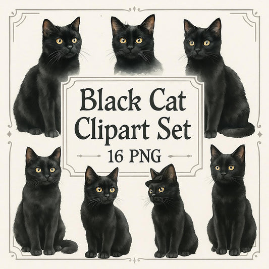 Watercolor Black Cat Clipart Set: Halloween Graphics (16 PNG)