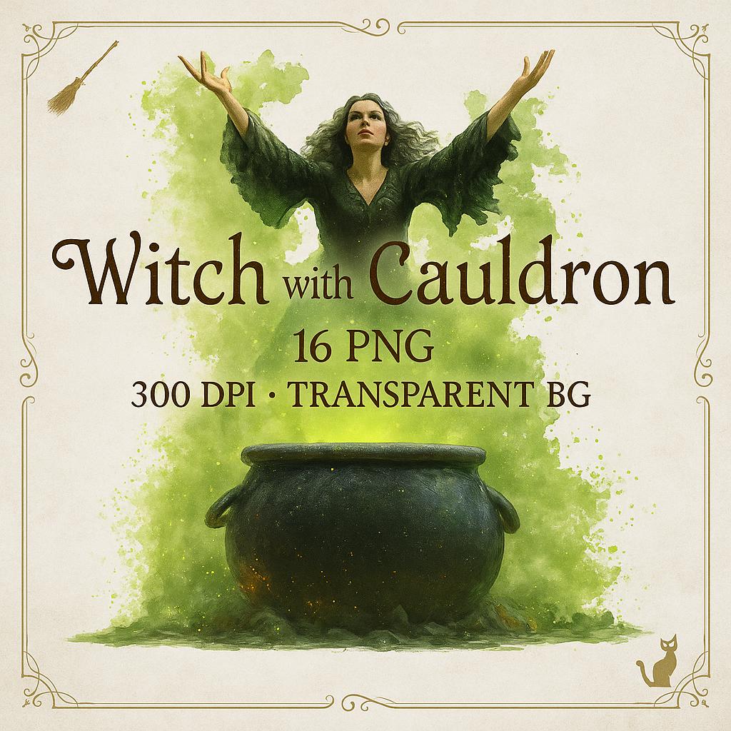 Witch with Cauldron Cliparts β 16 PNG Watercolor Illustrations β Halloween Witches, Transparent Background, High Resolution