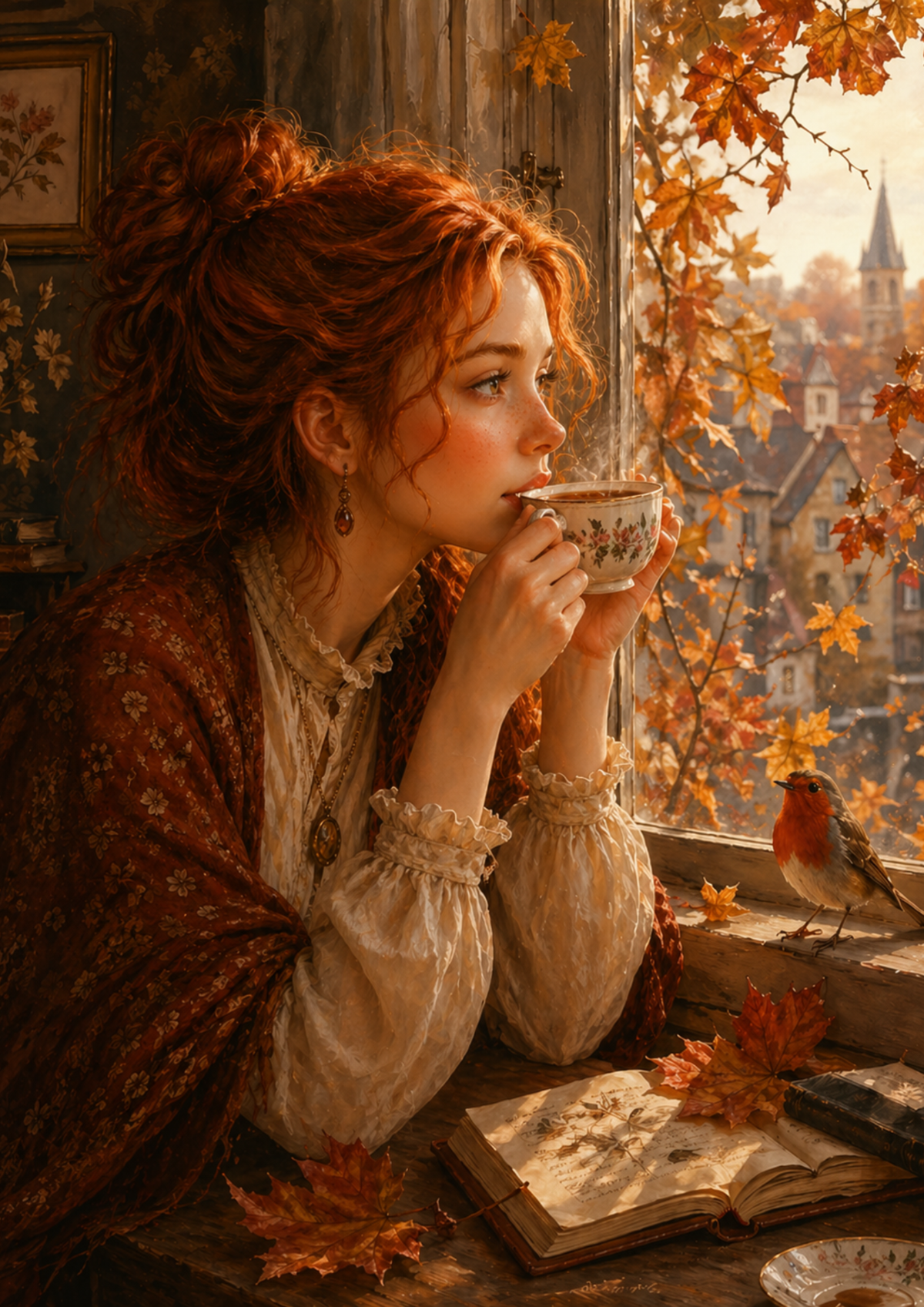 Sticker Sheet / Greeting Card – Romantic Autumn Window View & Nostalgic Girl Full Cat. No. 9352