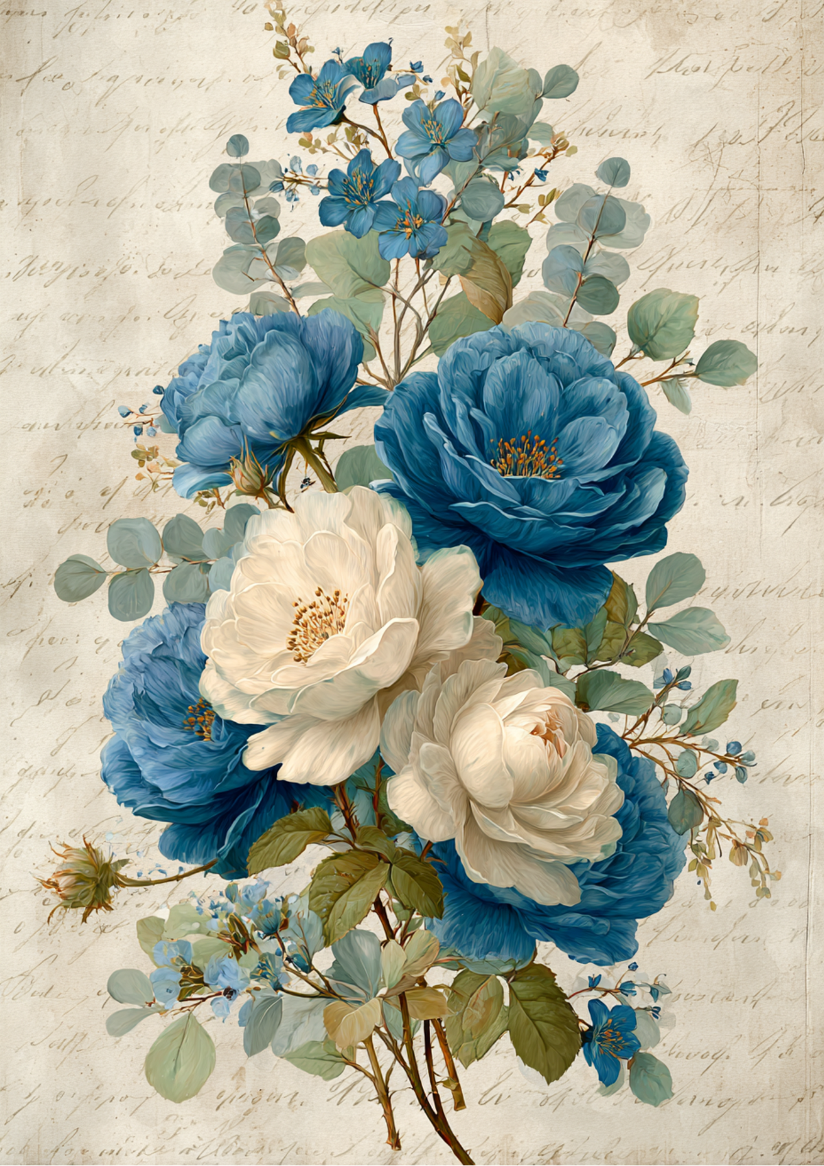 Sticker Sheet / Greeting Card – Vintage Blue Roses on Beige Full Cat. No. 9395