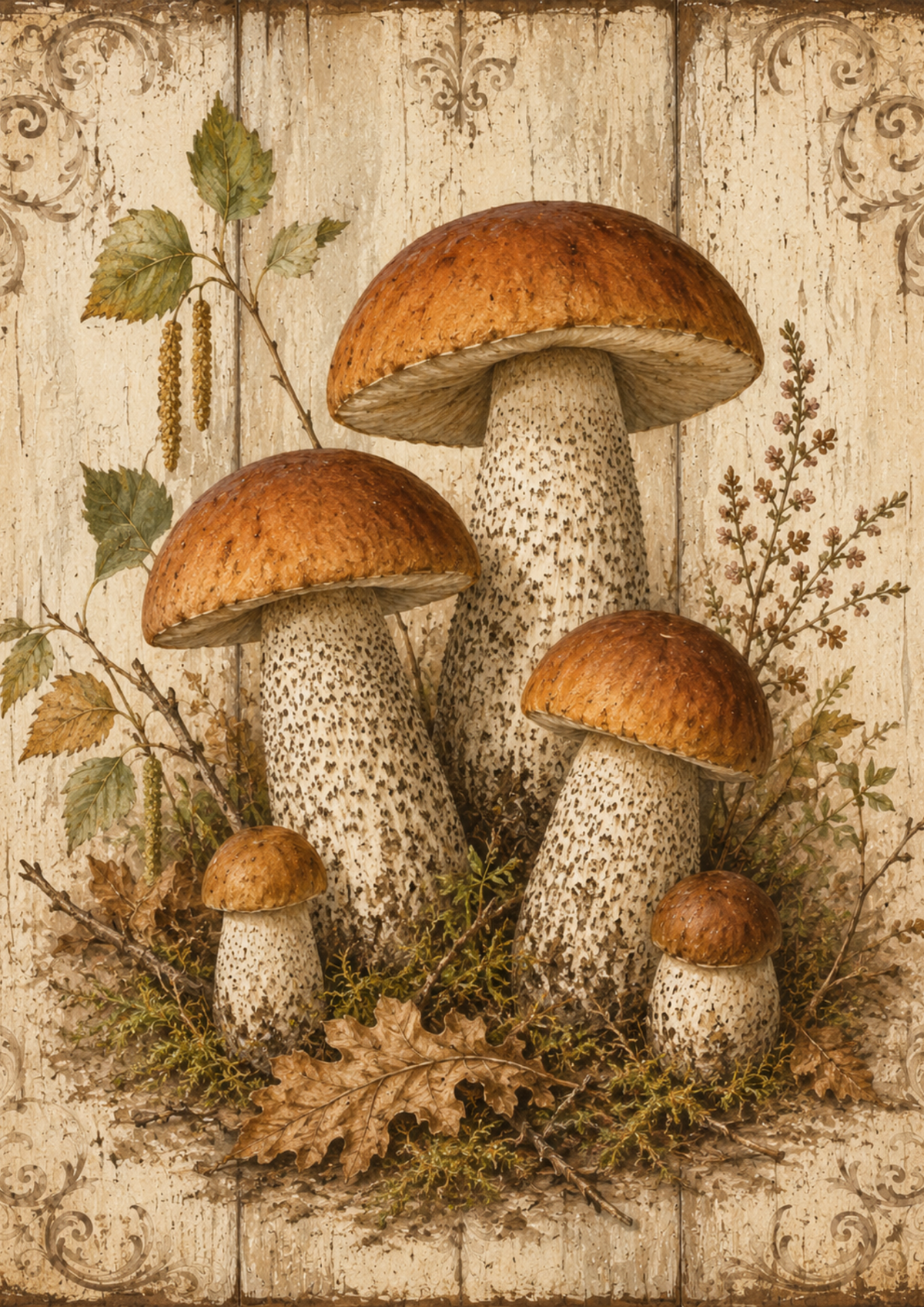 Sticker Sheet / Greeting Card – Bolete Mushrooms on Wooden Board Full Cat. No. 9489