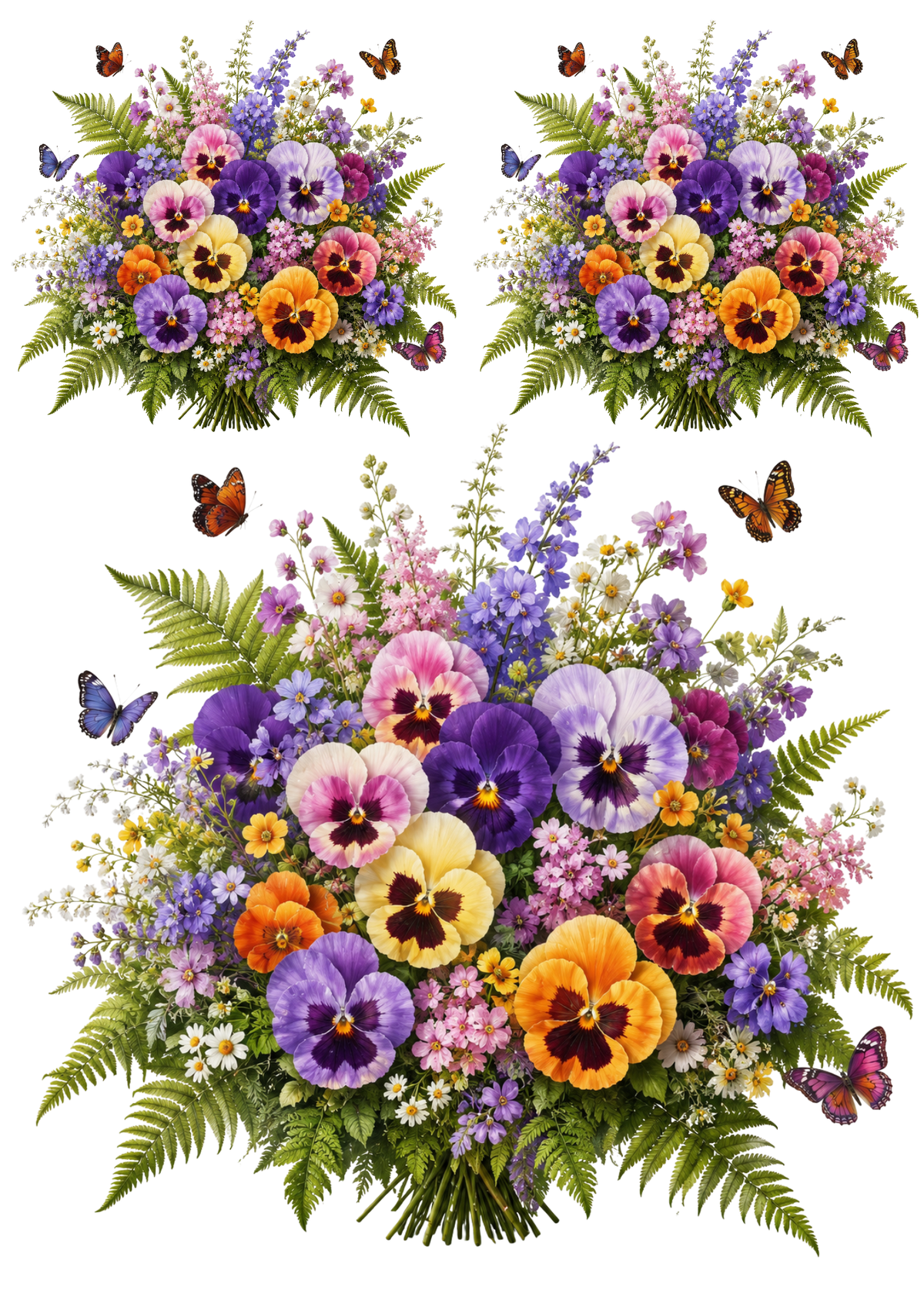 Sticker Sheet / Greeting Card – Pansies, Fern & Butterflies Collage Cat. No. 9511