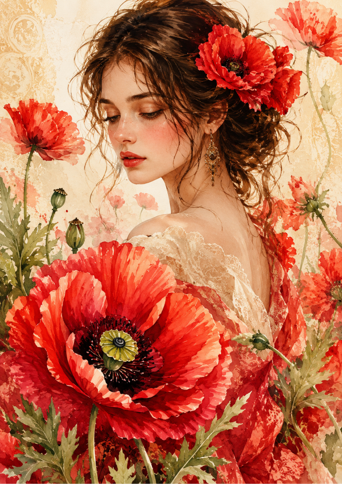 Sticker Sheet / Greeting Card – Red Poppies Woman Portrait Full Cat. No. 9589