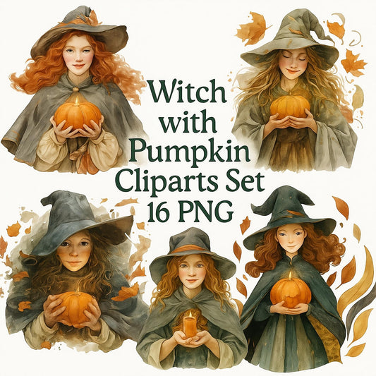 Witch with Pumpkin Clipart: Watercolor Halloween PNG Bundle (Digital Download)