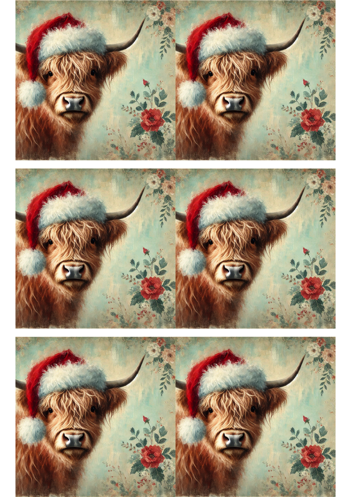 Sticker Sheet / Greeting Card – Highland Cow in Christmas Hat Collage Cat. No. 2809