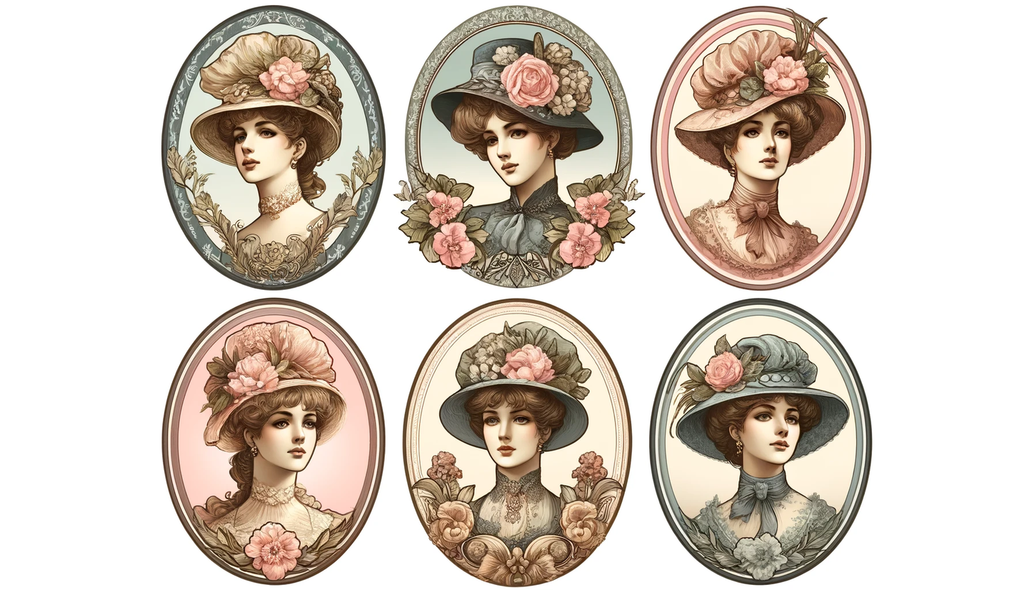 Sticker Sheet / Greeting Card – Lady in Hats, ovals, Cat. No. 101
