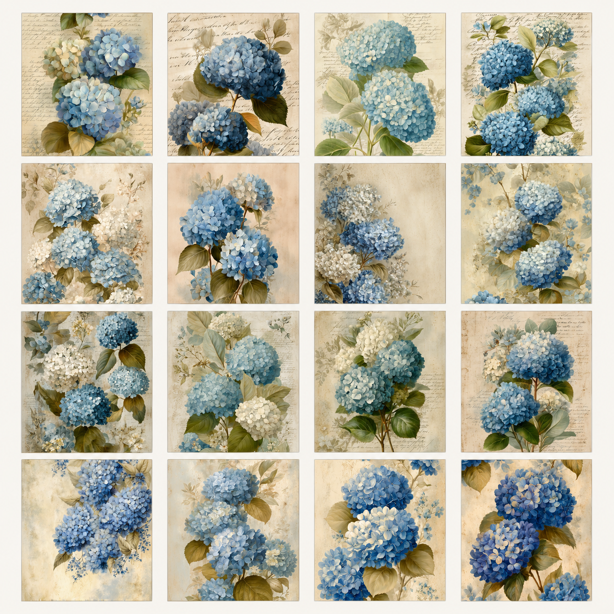 French Blue Hydrangeas Printable Design Sheets – 16 A4 Digital Pages for Crafts (Instant Download)