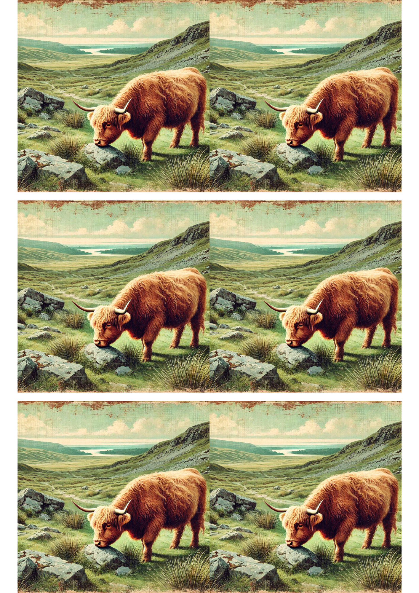 Sticker Sheet / Greeting Card – Highland Cow In Wales Collage Cat. No. 3007