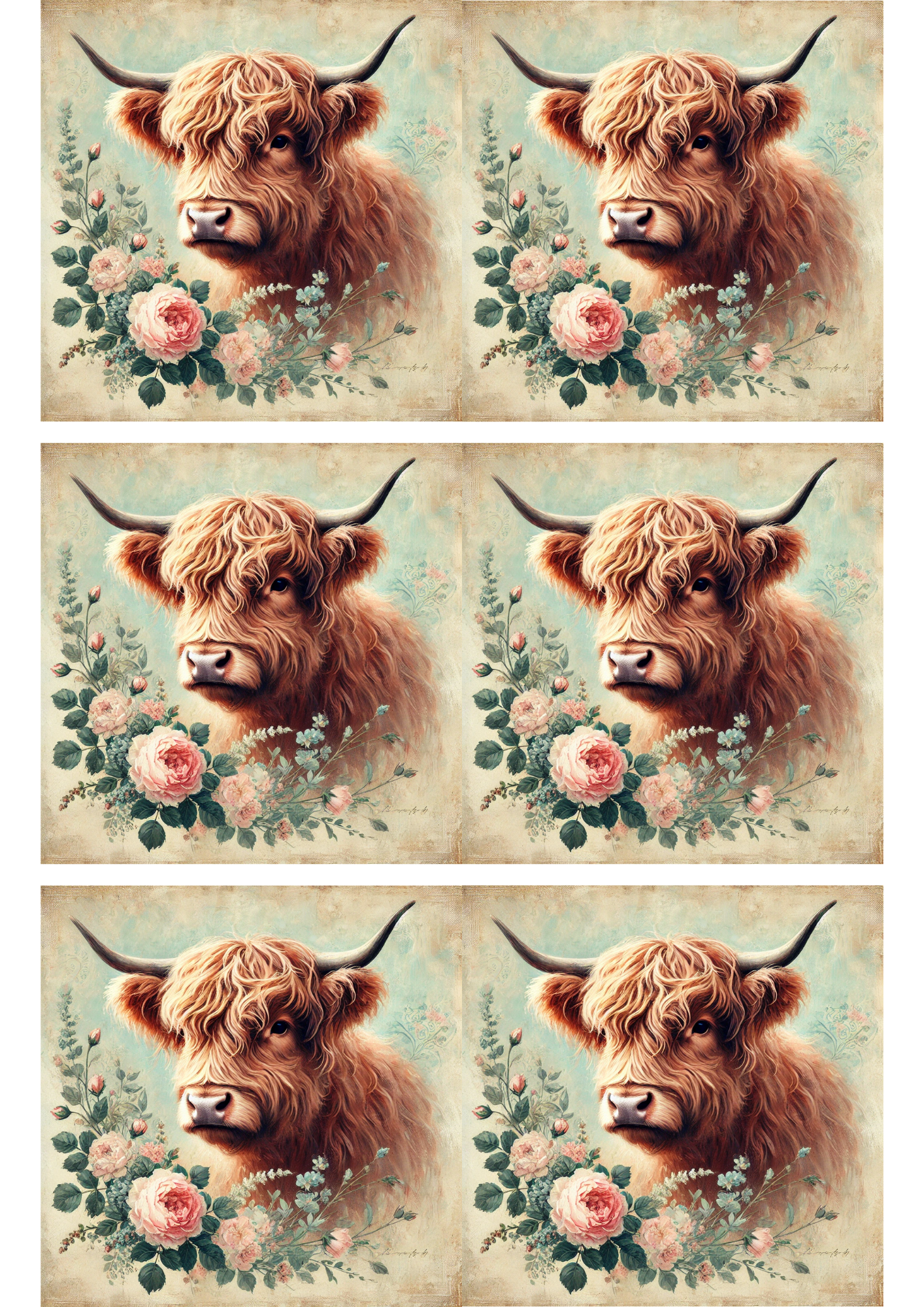 Sticker Sheet / Greeting Card – Highland Cow Shabby Chic Collage Cat. No. 2827