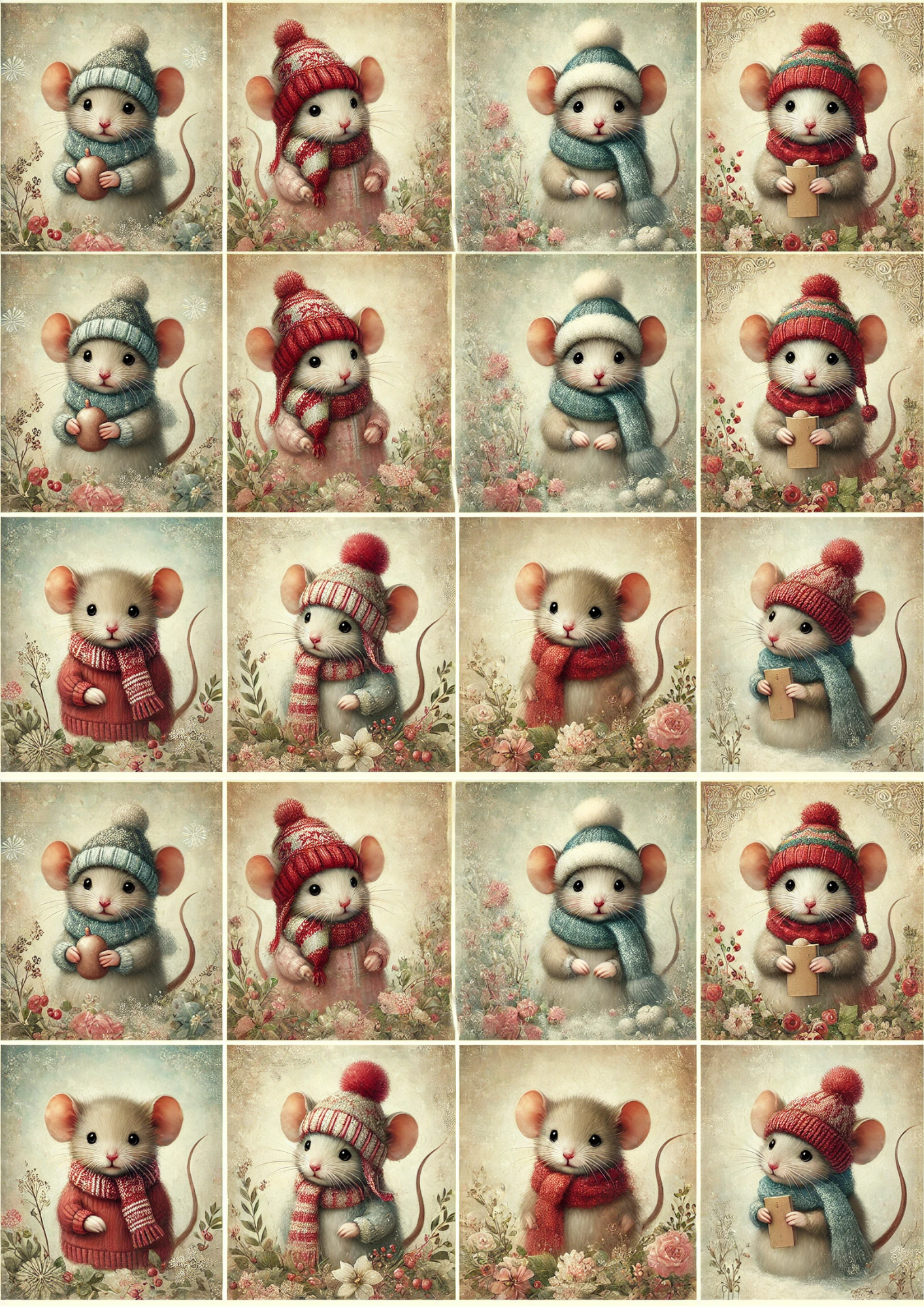 Sticker Sheet / Greeting Card – Mice In Hats And Scarves Collage Cat. No. 2881