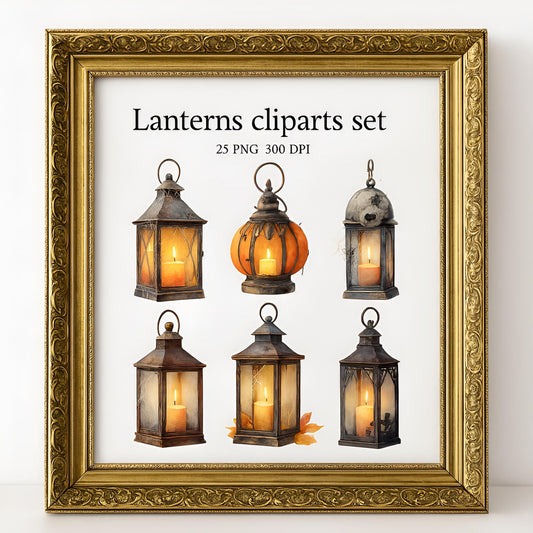 Watercolor Halloween Lanterns Clipart Set: 25 PNG, High Resolution (Digital Download)