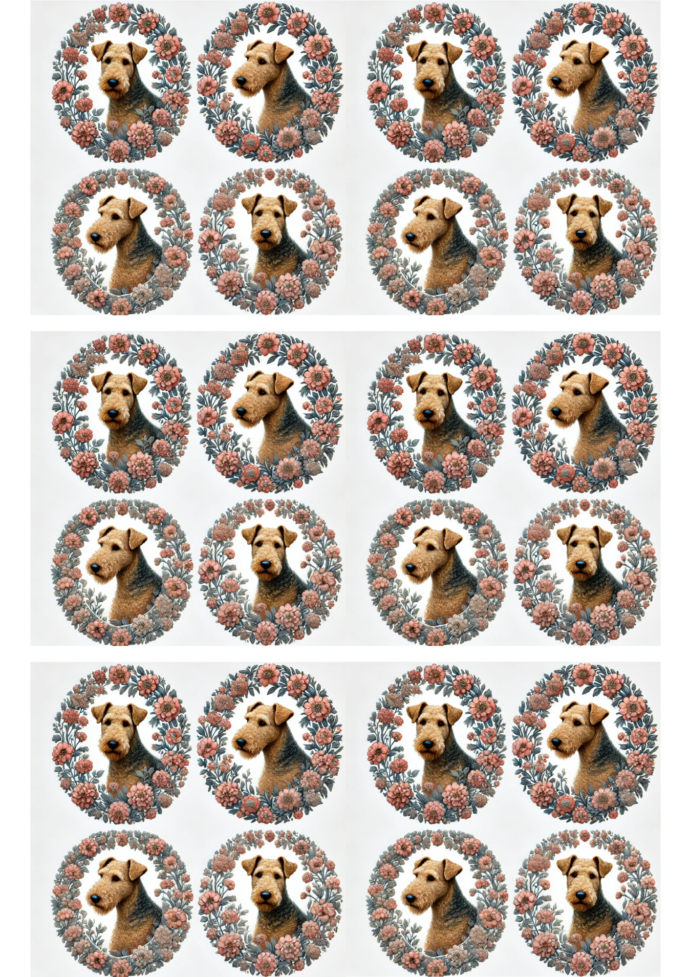 Sticker Sheet / Greeting Card – Airedale Terrier Floral In Ovals Collage Cat. No. 2937
