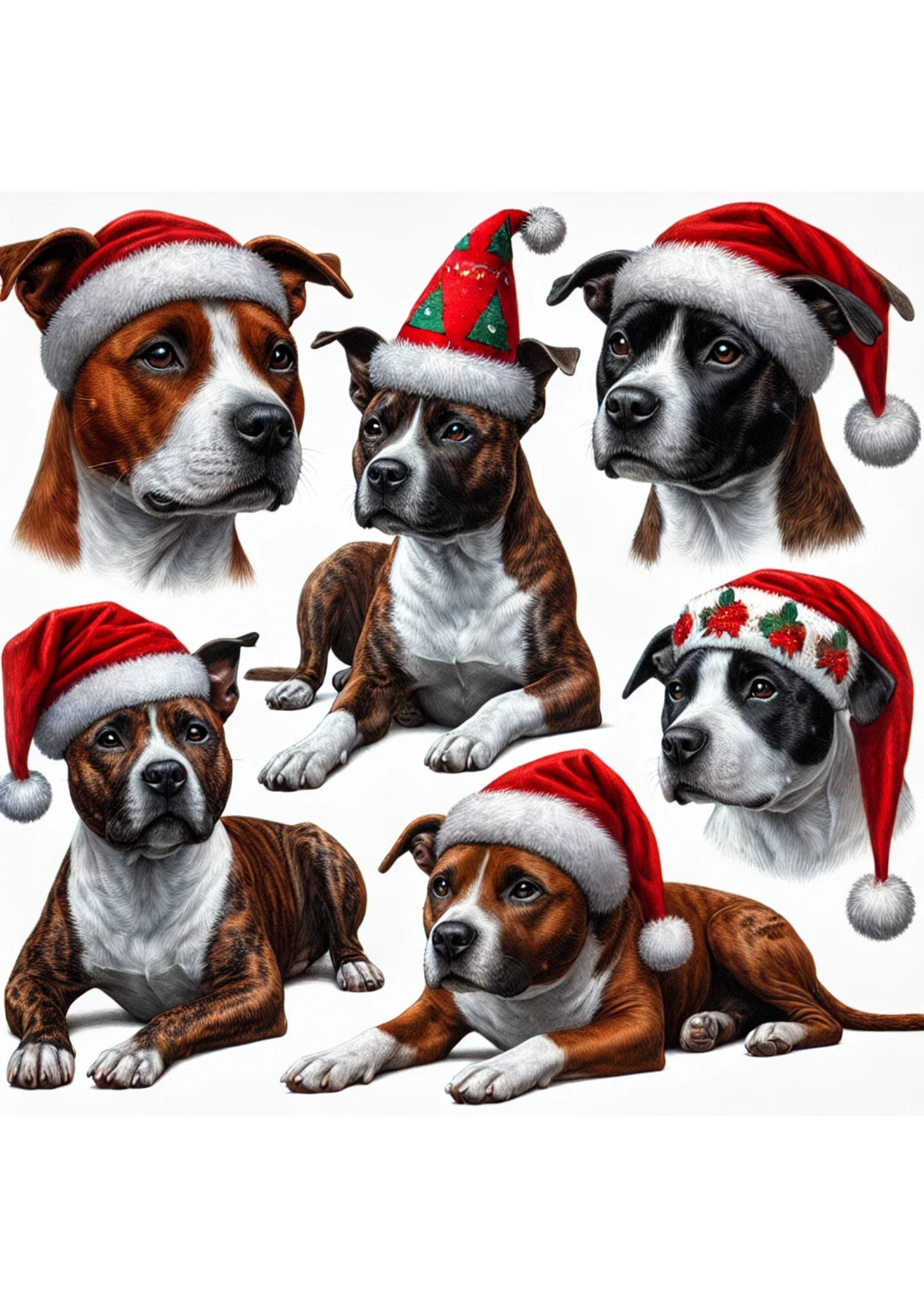 Sticker Sheet / Greeting Card – Amstaffs In Christmas Hats Full Cat. No. 2940