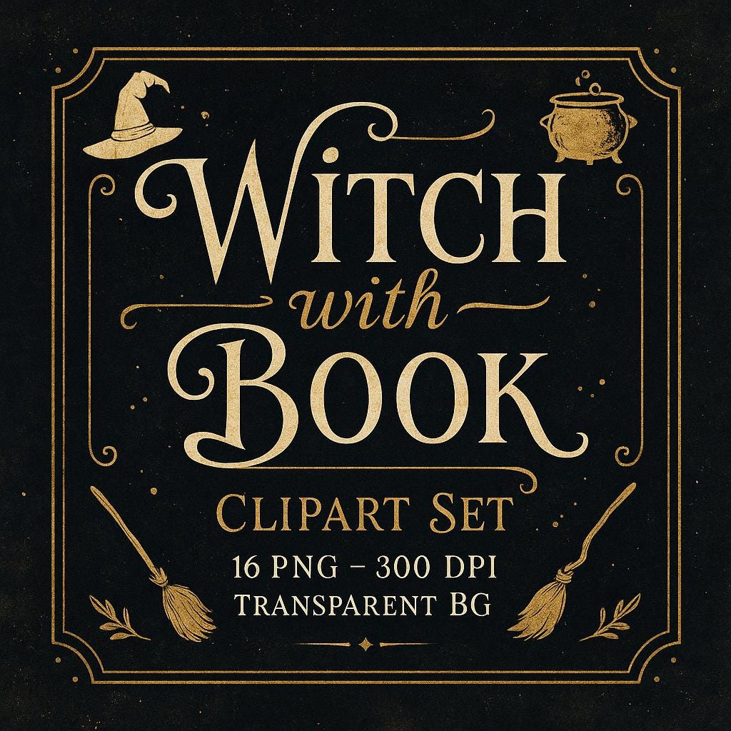 Watercolor Halloween Witch With Book Clipart Bundle: 16 PNG Files (Digital Download)