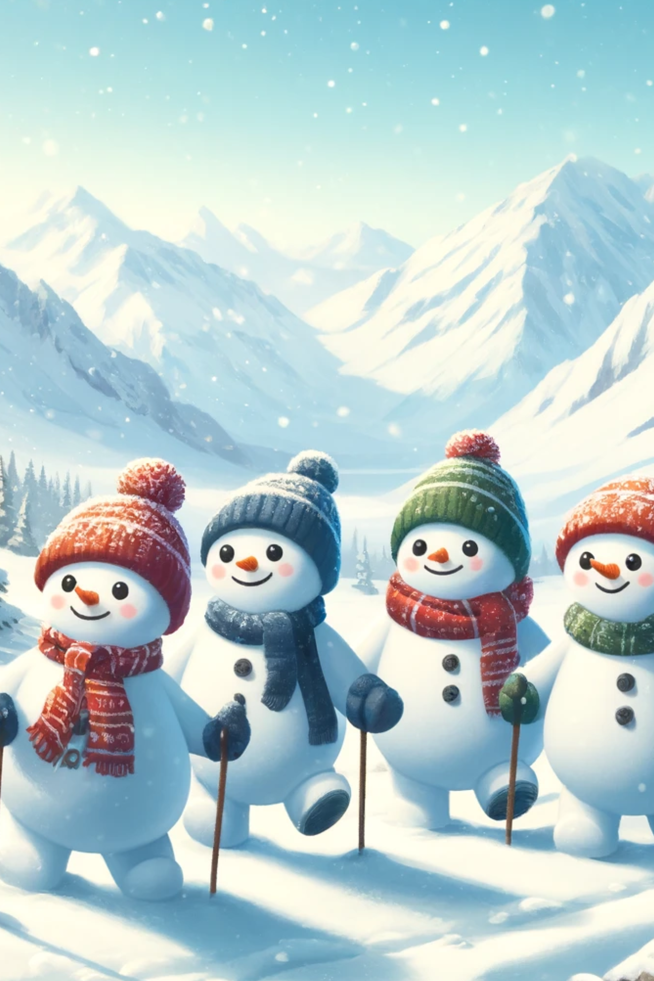 Sticker Sheet / Greeting Card – Snowmen Walking on the Mountains Full Cat. No. 400