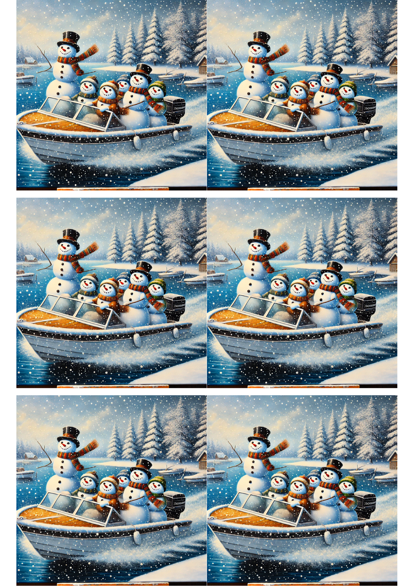 Sticker Sheet / Greeting Card – Snowmen On A Motorboat Collage Cat. No. 1754