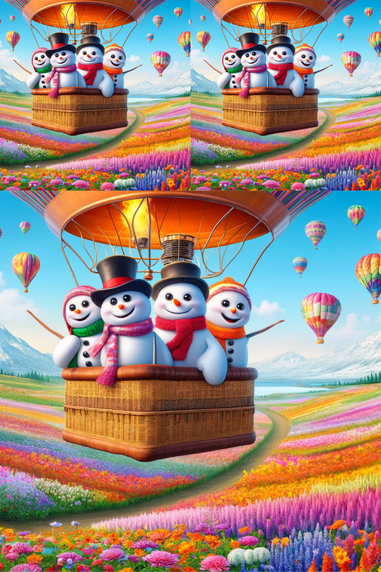 Sticker Sheet / Greeting Card – Snowmen Fly in a Balloon Collage Cat. No. 411