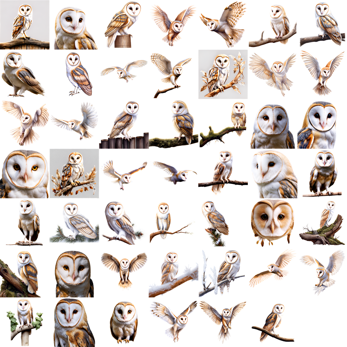 Watercolor Barn Owls Clipart Set: 48 PNG Designs with Transparent Background (Digital Download)