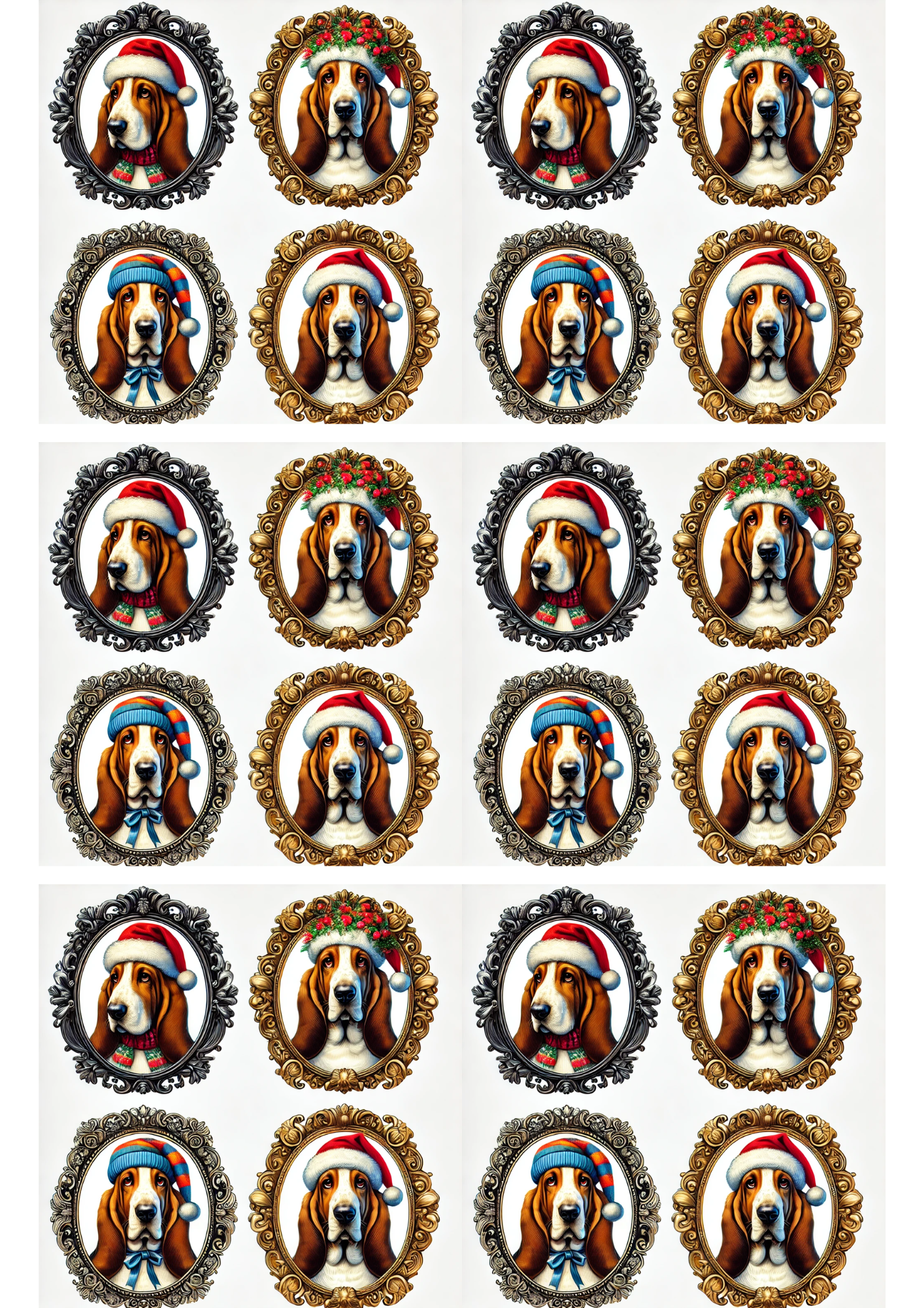 Sticker Sheet / Greeting Card – Basset Hound In Christmas Hat Collage Cat. No. 2949