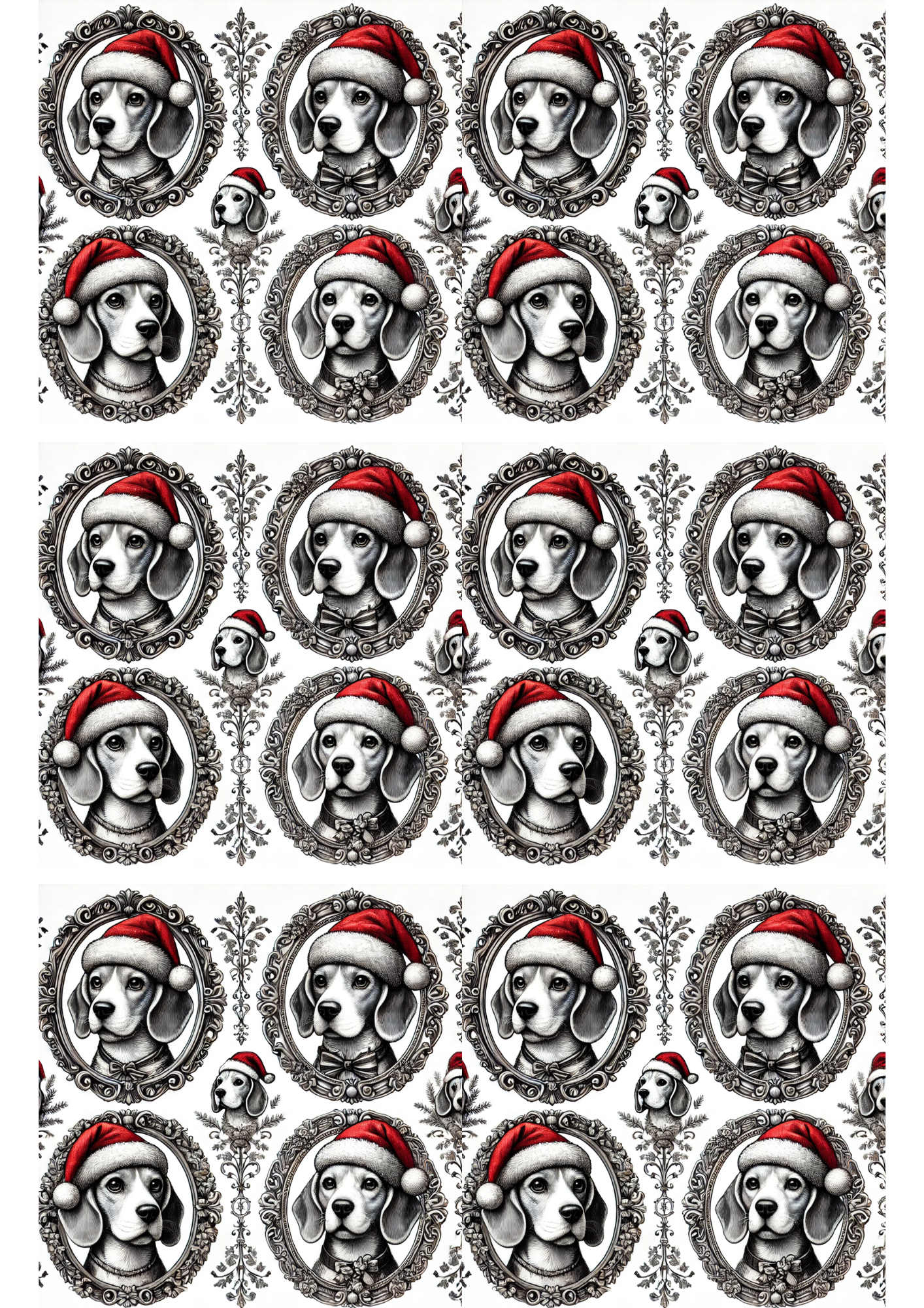 Sticker Sheet / Greeting Card – Beagle Dog Wearing Christmas Hat In Ovals Collage Cat. No. 2951