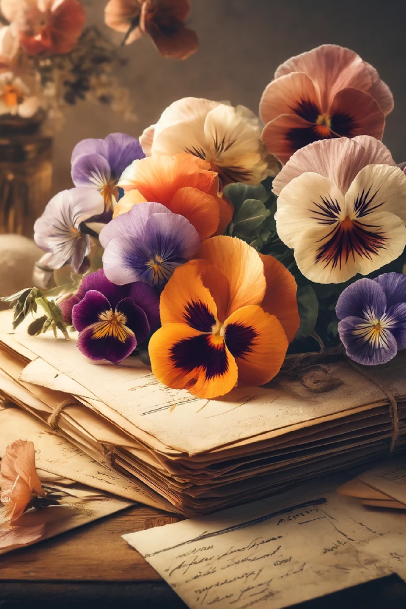 Sticker Sheet / Greeting Card – Pansies on Old Letters Full Cat. No. 443