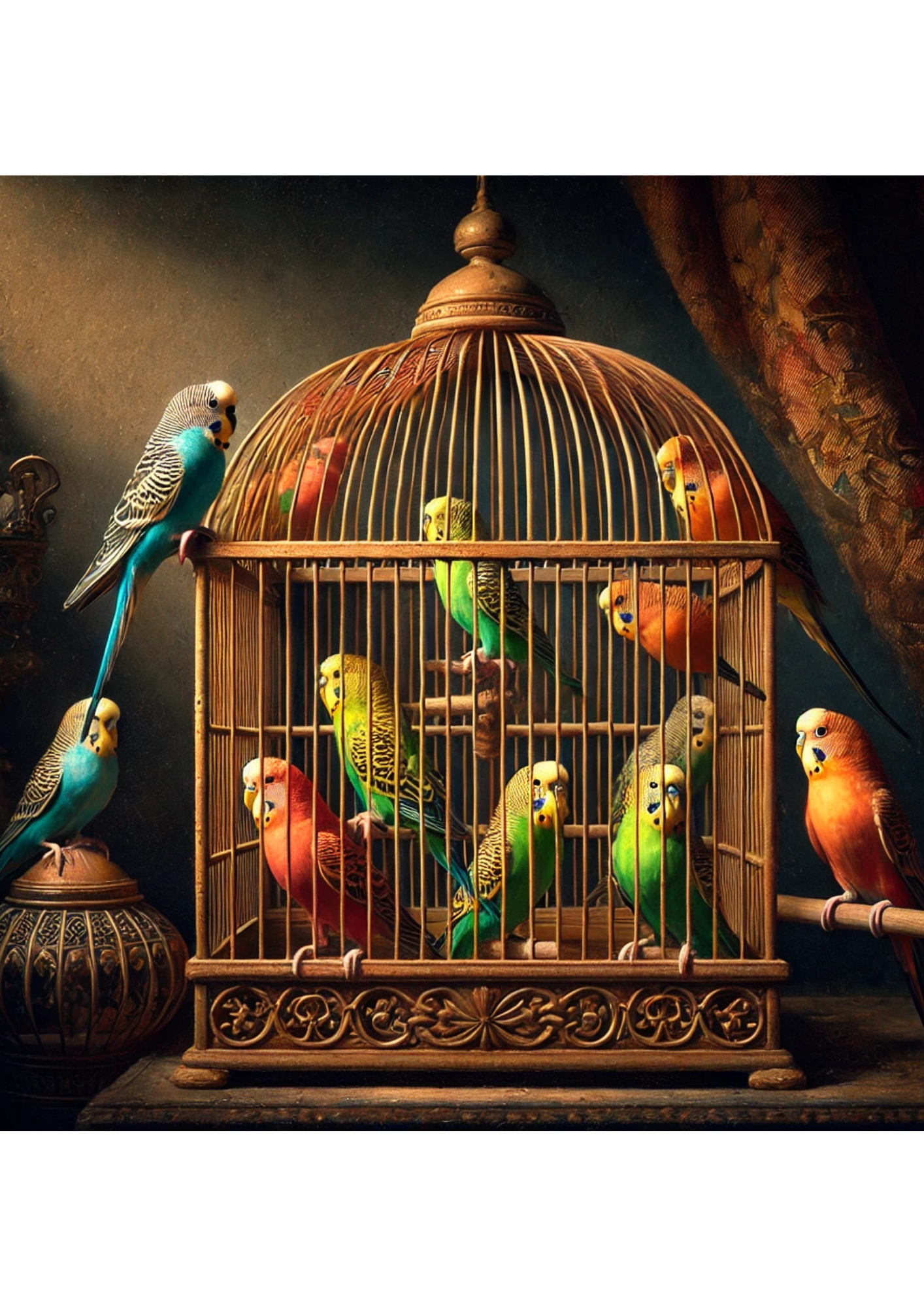 Sticker Sheet / Greeting Card – Budgerigars In A Cage Full Cat. No. 1855
