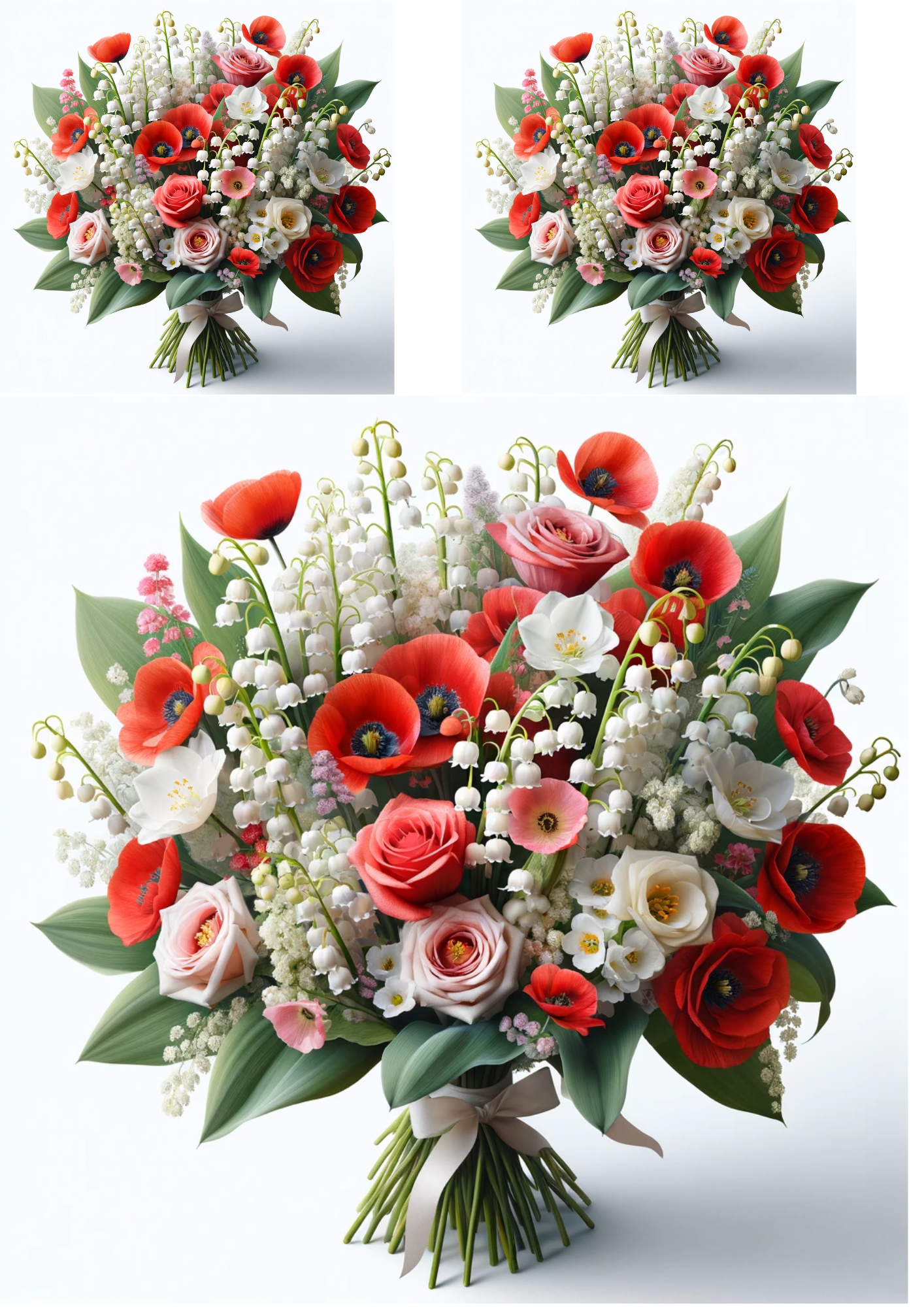 Sticker Sheet / Greeting Card – Bouquet of Lilies of the Valley, Poppies, Roses Collage Cat No. 682