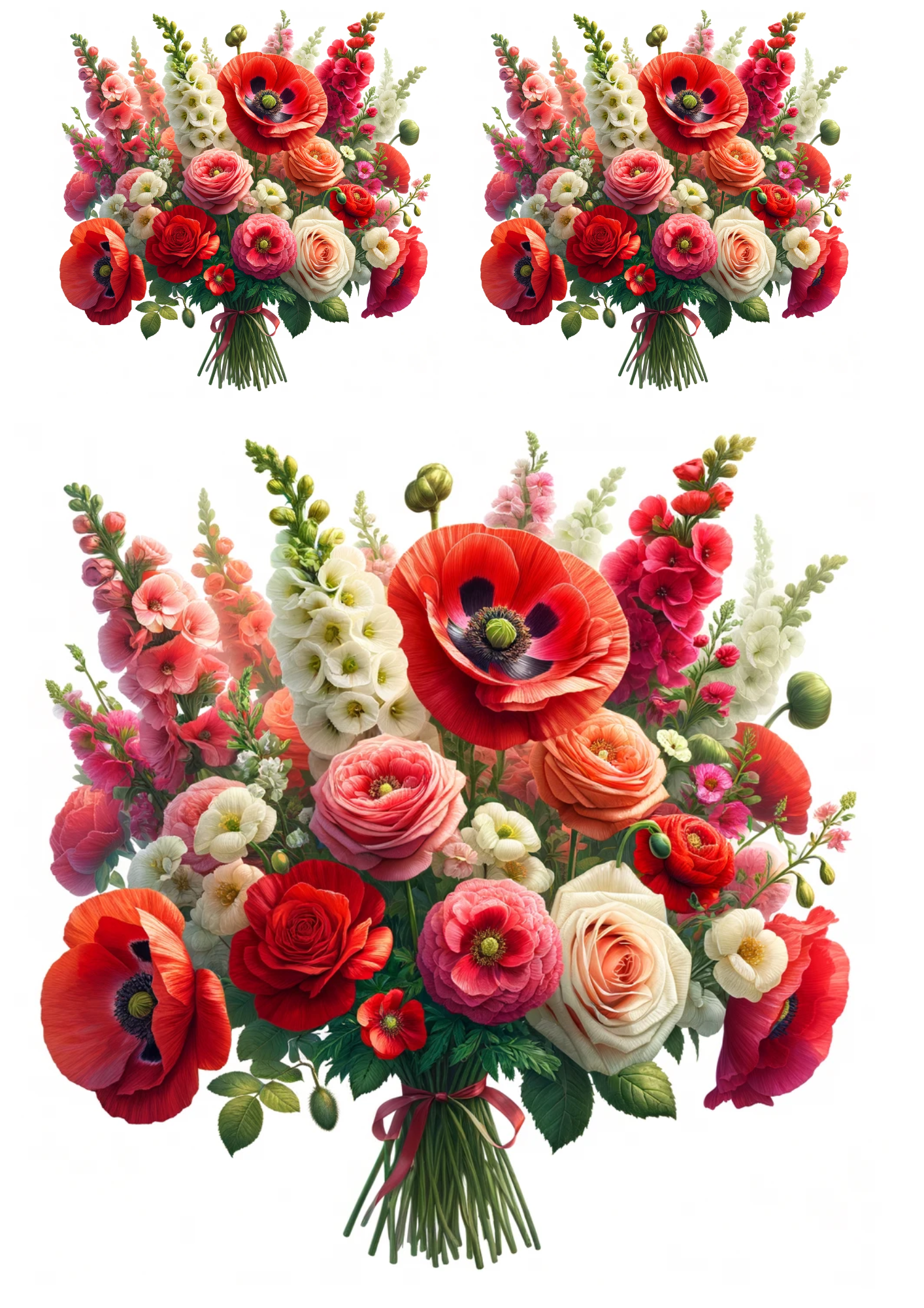 Sticker Sheet / Greeting Card – Bouquet of Poppies, Roses Collage Cat No. 698