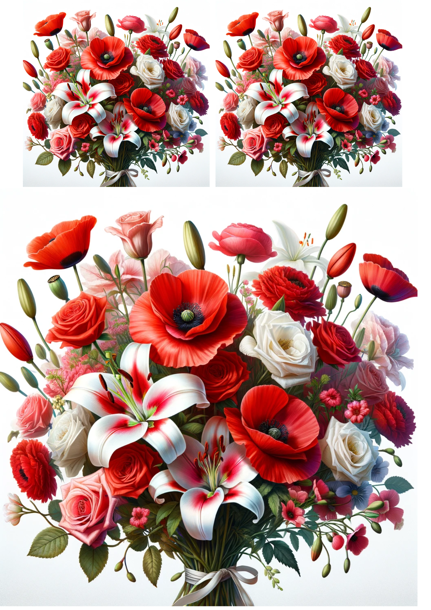 Sticker Sheet / Greeting Card – Bouquet of Poppies, Roses, Lilies Collage Cat No. 700