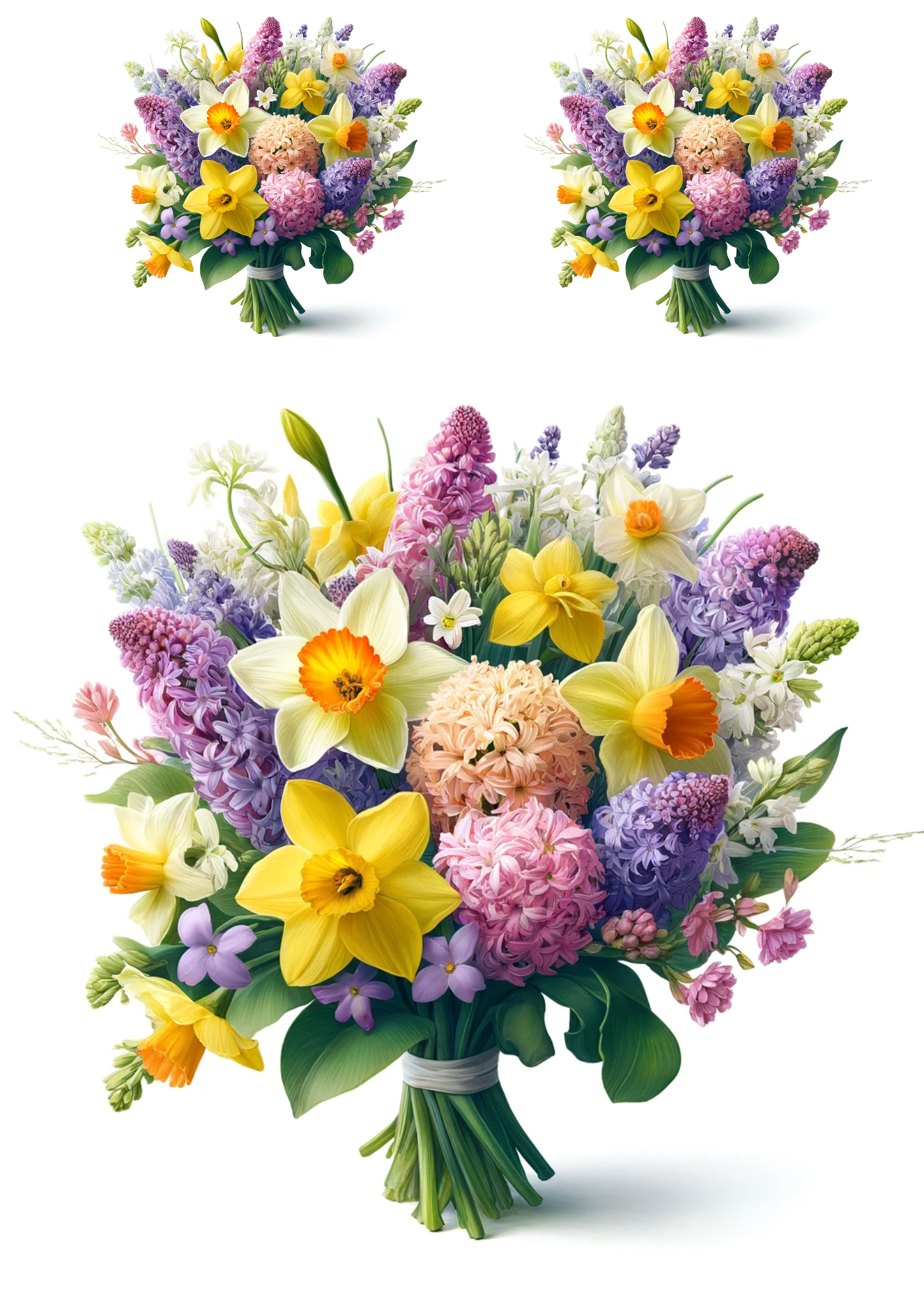 Sticker Sheet / Greeting Card – Bouquet of Narcissuses, Hyacinths, Lilac Collage Cat No. 704