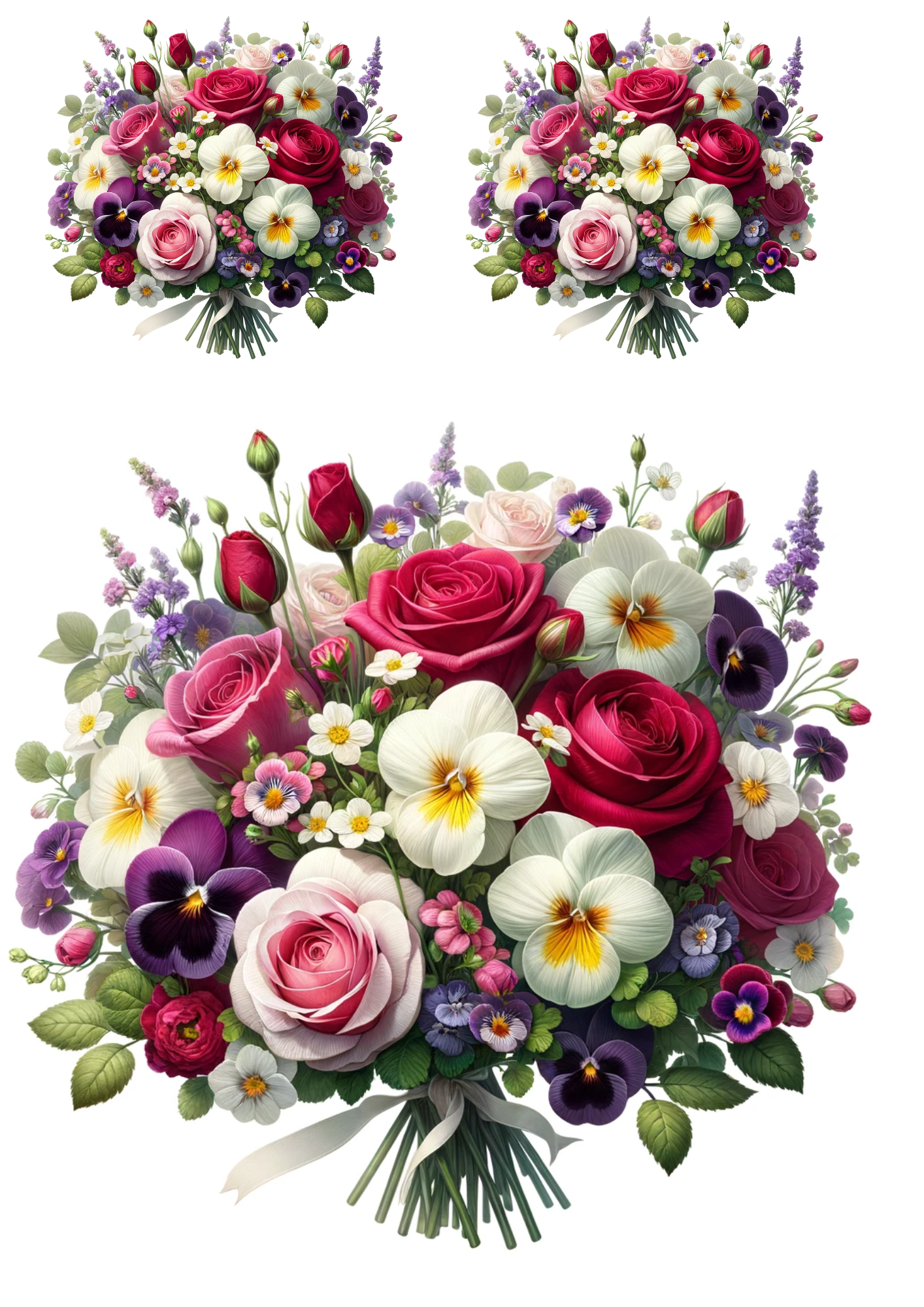 Sticker Sheet / Greeting Card – Bouquet of Roses, Pansies, Daffodils Collage Cat No. 712