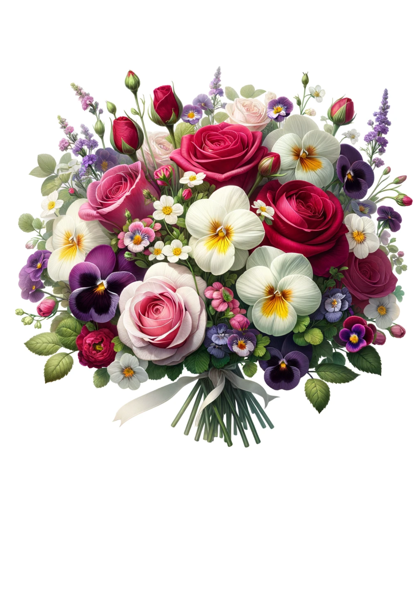 Sticker Sheet / Greeting Card – Bouquet of Roses, Pansies, Daffodils Full Cat No. 713