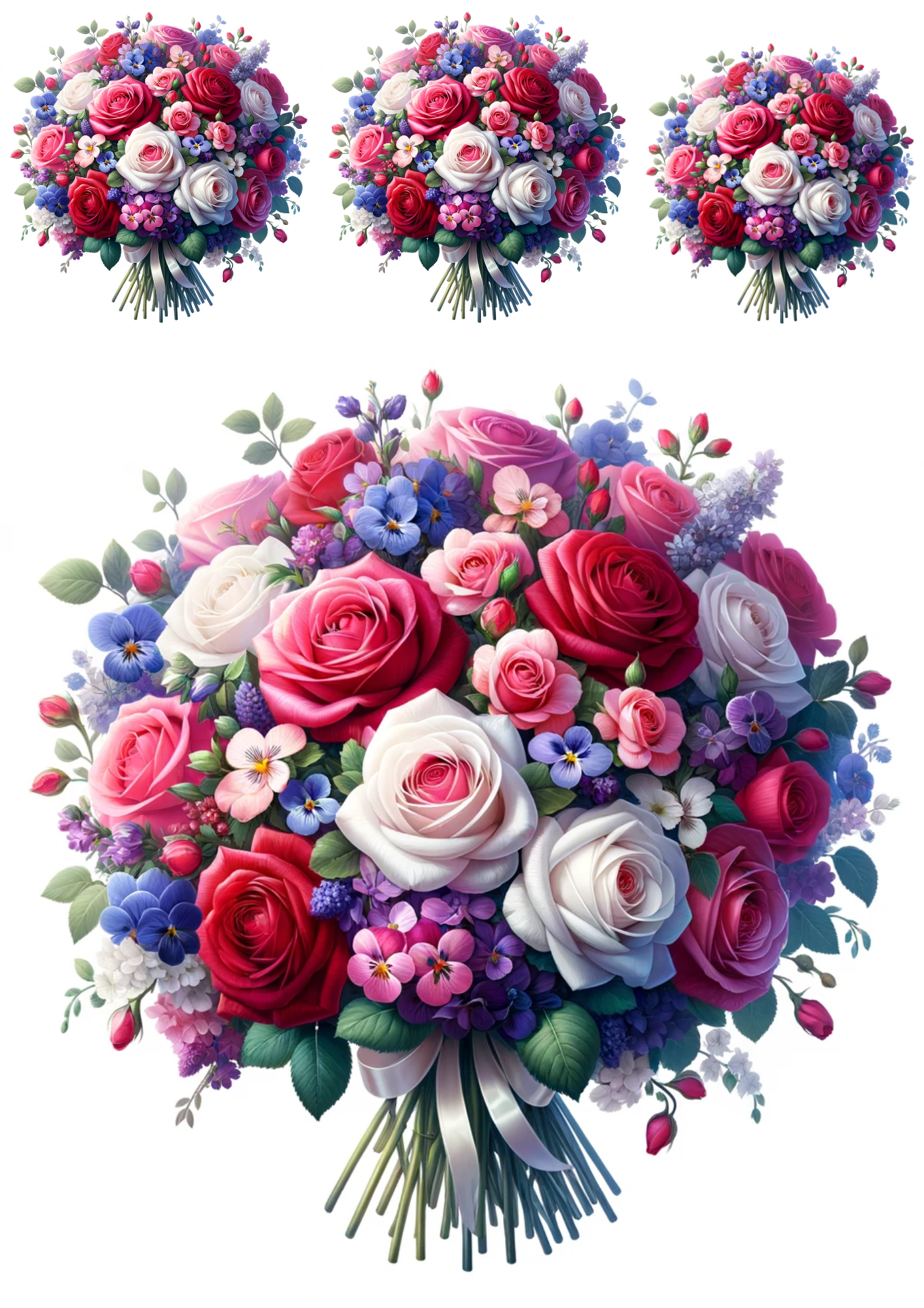 Sticker Sheet / Greeting Card – Bouquet of Roses, Violets Collage Cat No. 716